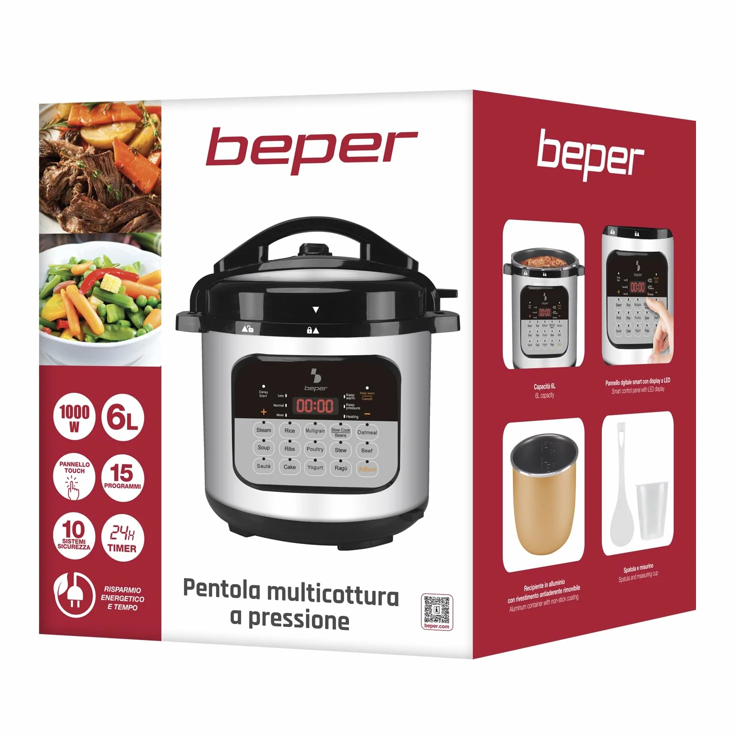 BEPER P101COS002 Pentola Multicooker a Pressione 6 Litri 1000W 15 Programmi Slow Cooker Timer 24h