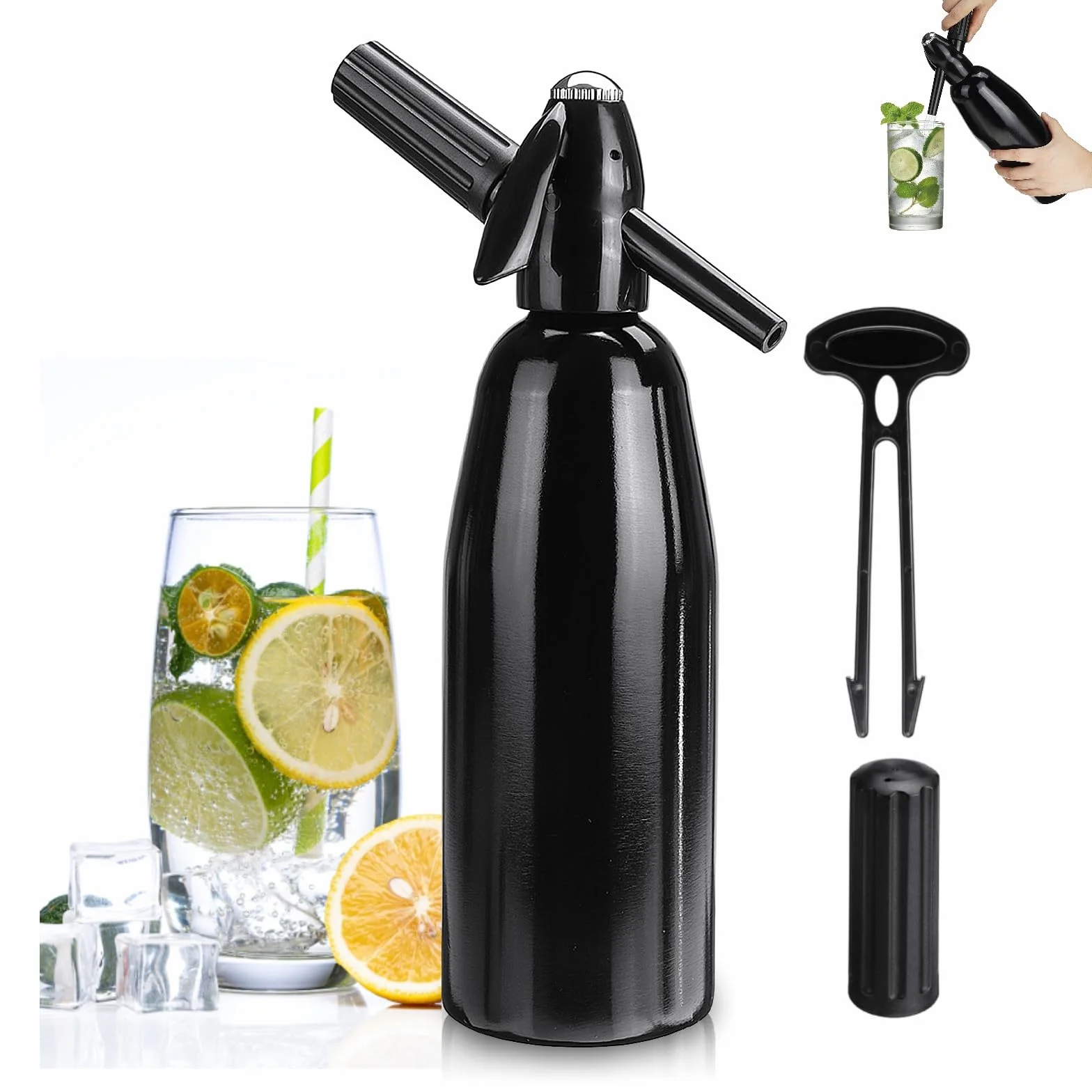 Soda Maker,Sifone per Soda Alluminio 1L,Soda Siphon Bottle con Regolatore di Pressione, Aluminium Sparkling Water Maker per Succhi di Frutta Fatti in Casa,Mojito,Cocktail,Bevande