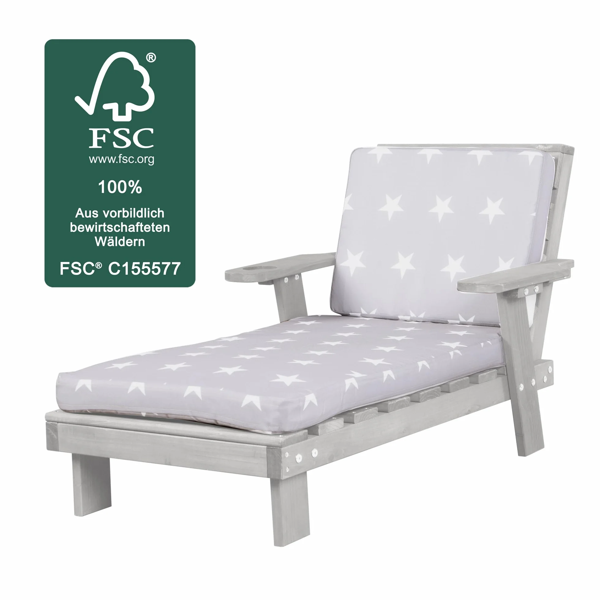 roba Sdraio per Bambini con Cuscini Little Stars - per Esterno, Giardino, Terrazza, all'Aria Aperta - Resistente alle Intemperie - con Portabicchieri - Certificato FSC - Legno Laccato Grigio