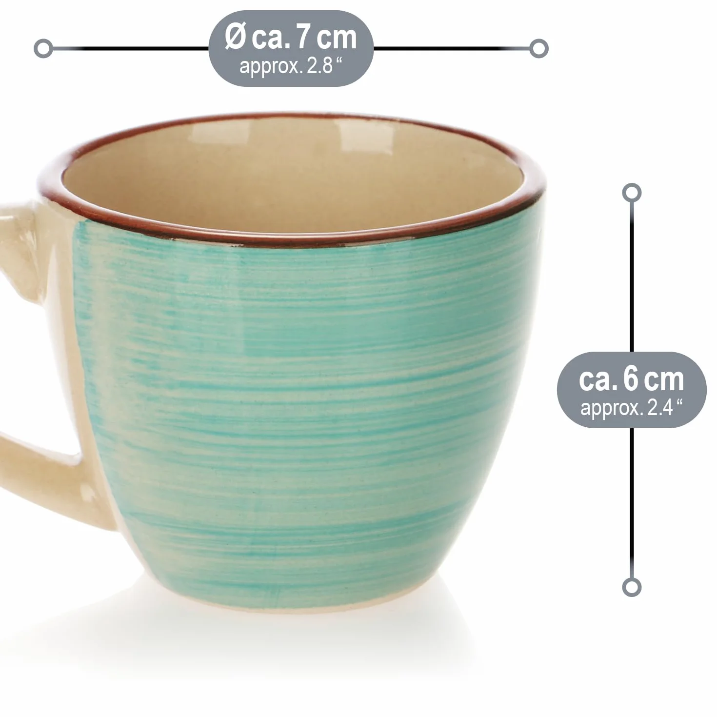 com-four® 6 tazzine da caffè espresso in ceramica fino a 125 ml - tazzine da moka colorate - tazzine da caffè piccole fatte a mano per espresso, moka (06 pezzi - verde/arancio/rosa/blu/giallo/grigio)