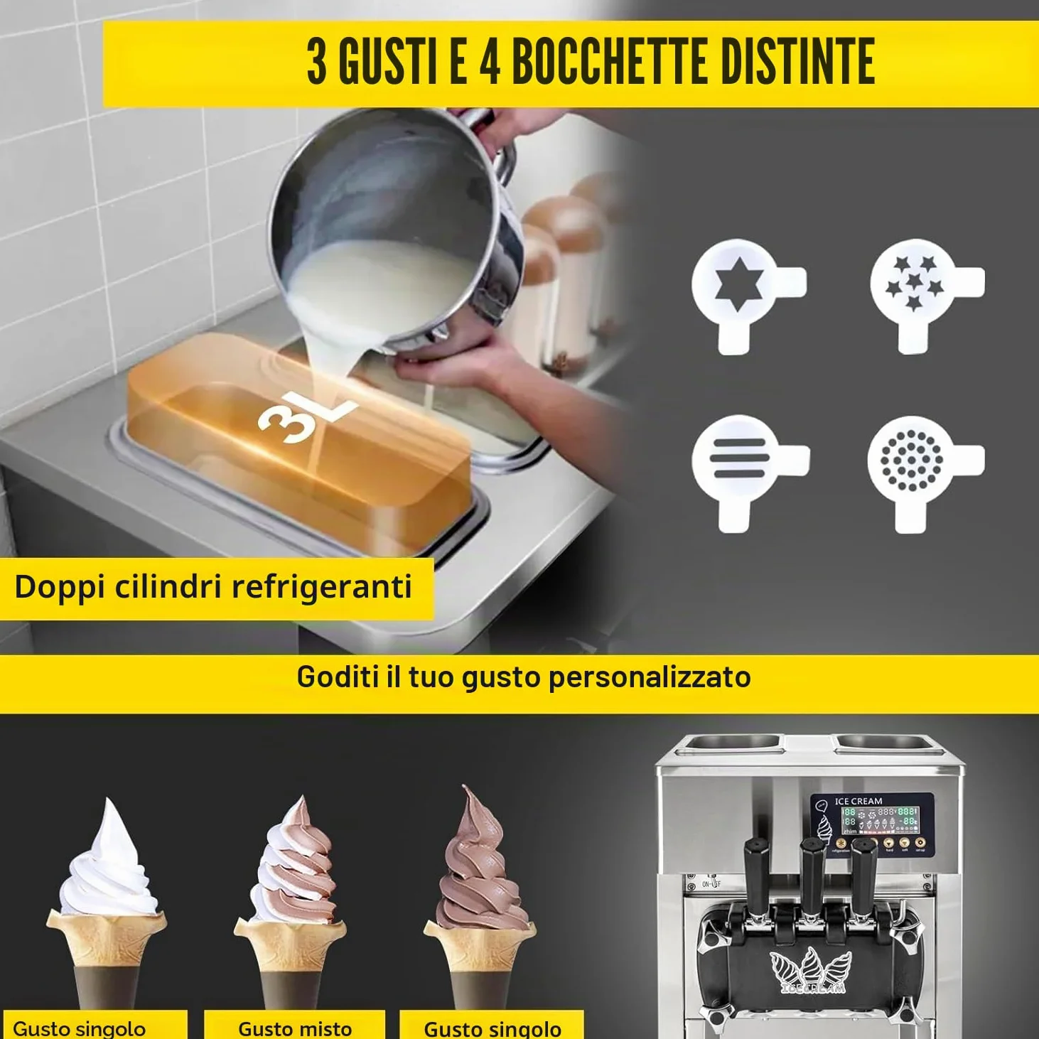 Macchina per Gelato Commerciale 18L/H 3 Sapori, 1200W macchina gelato soft professionale, Pannello LCD, Pre-Raffreddamento Pulizia Automatica, per Yogurt Caffè Snack-Bar Ristorante