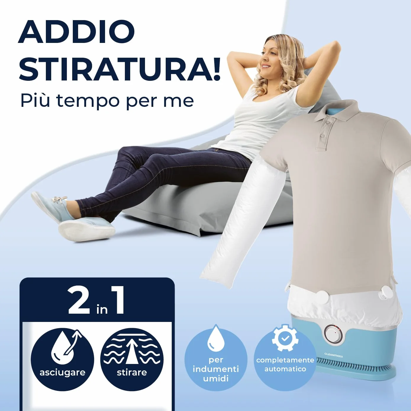 CLEANmaxx Ferro da stiro automatico per camicie PRO con attacco per pantaloni | Sostituisce ferro da stiro, vaporizzatore | Per camicie, camicette e pantaloni | Innovativo ed efficiente