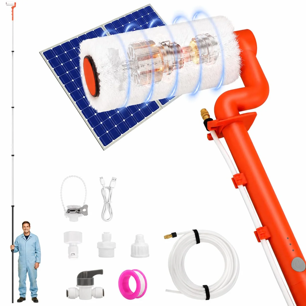 Spazzola Elettrica per la Pulizia di Pannelli Solari: Kit di Pulizia per Pannelli Solari con Asta Regolabile Alimentata ad Acqua da 6,1 m con Tubo dell'Acqua da 7 m - Spazzola Fotovoltaica