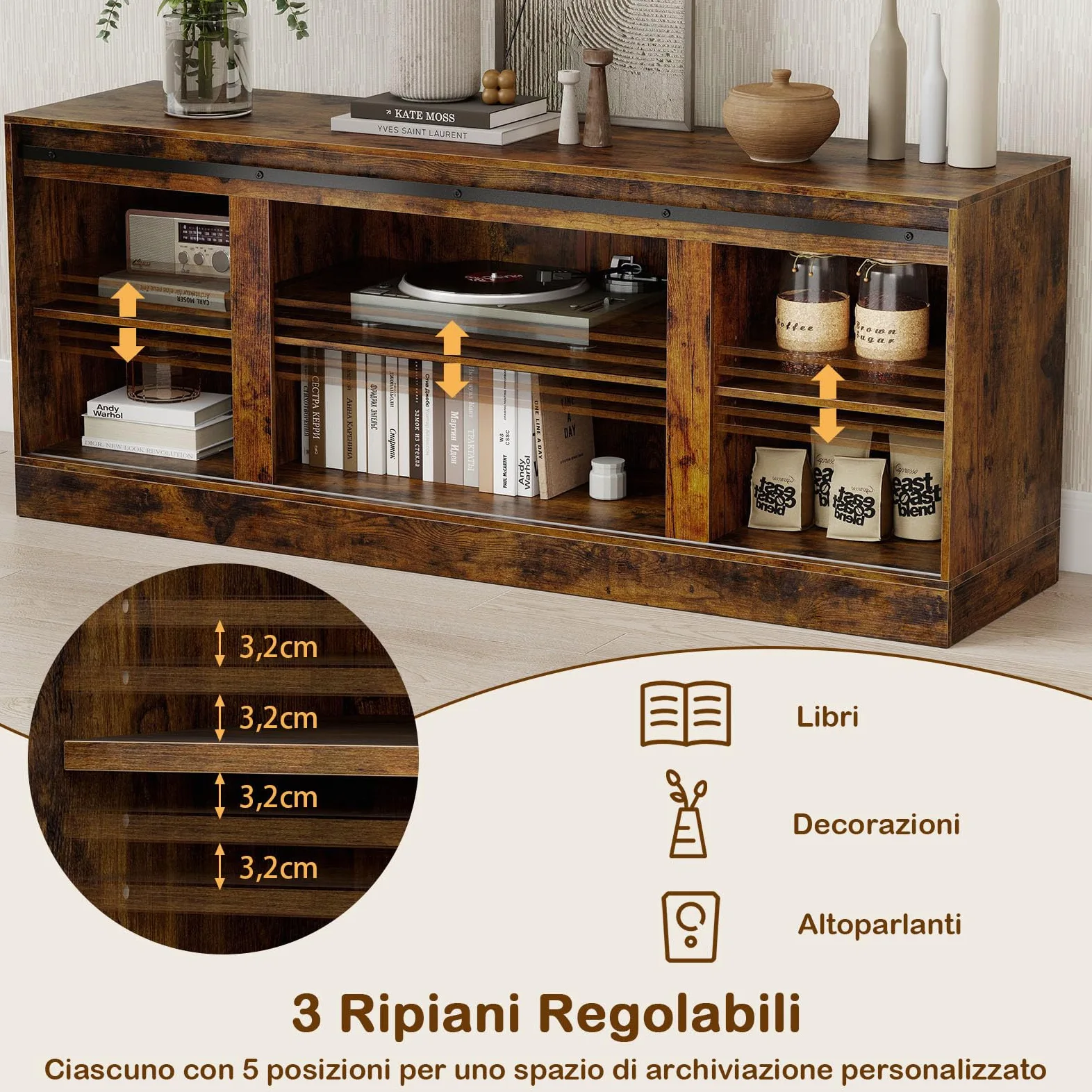 COSTWAY Mobile TV Soggiorno fino a 70'', Tavolino Porta TV con Porte Scorrevoli, Ripiani Regolabili, Consolle Media 150 cm per Soggiorno, Camera da Letto e Ingresso