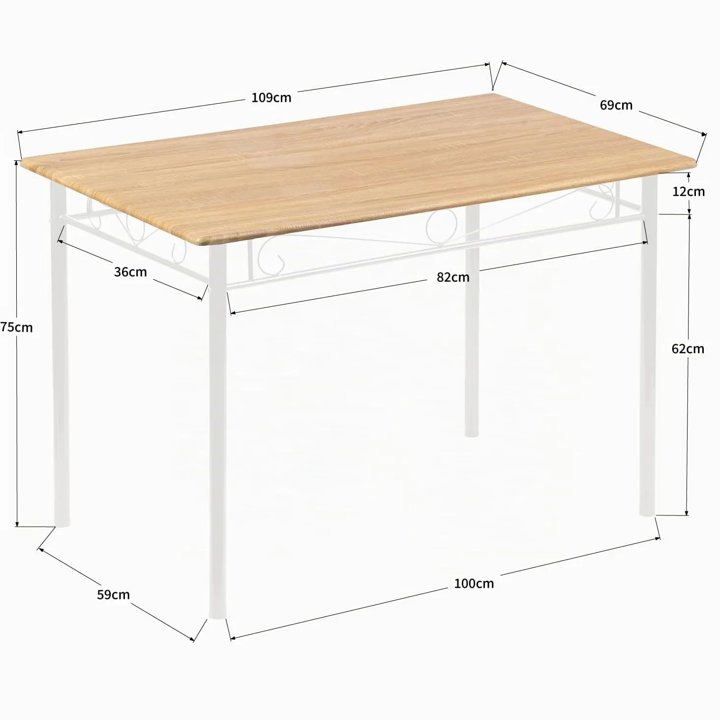 Tavolo da Pranzo con 4 Sedie, Moderno Venature di Faggeto Set Sala da Pranzo, Gamba in Metallo Bianco, Adatto a sala da Pranzo, Cucina e Soggiorno