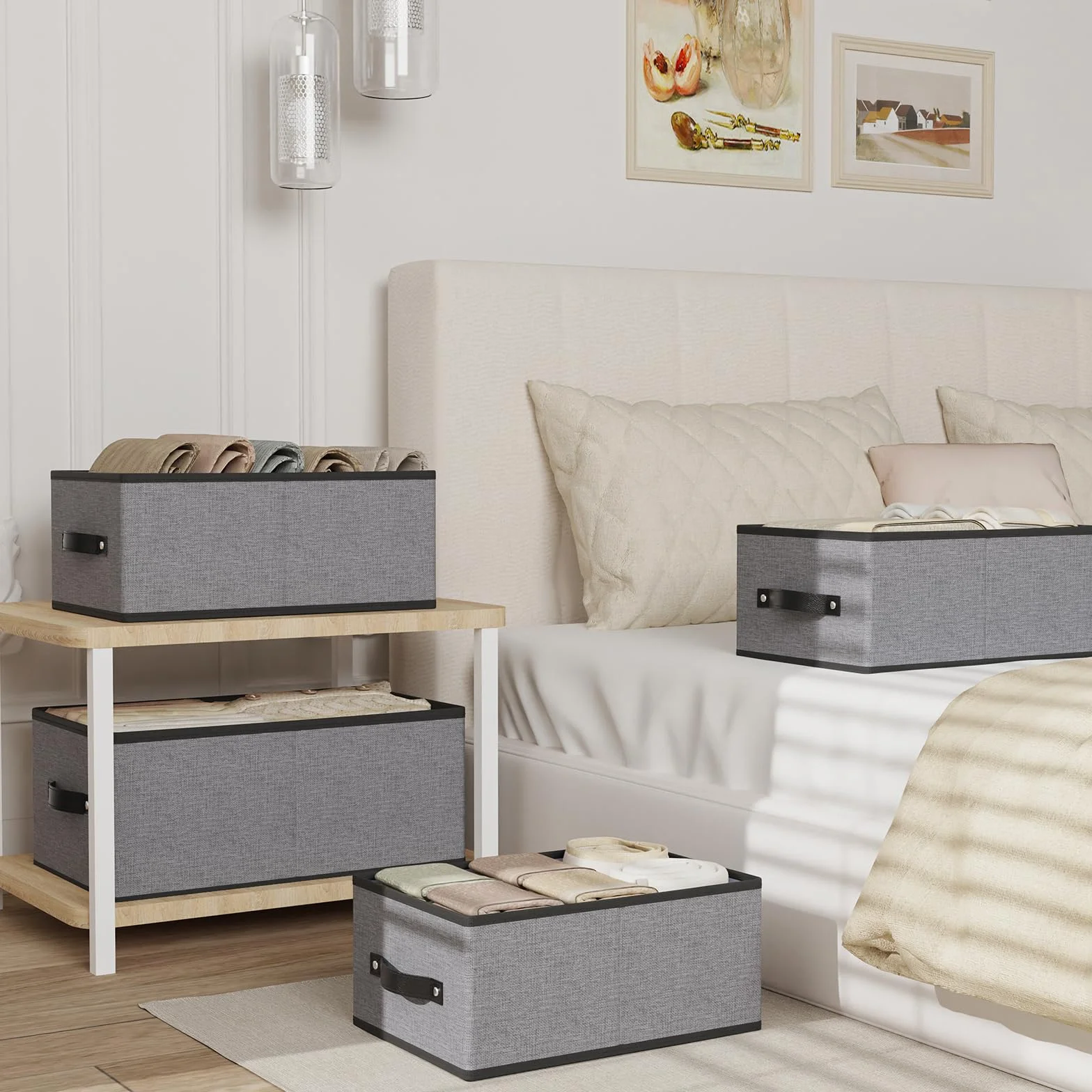 Scatole Portaoggetti 4 Pezzi, Organizzatore Cassetti con Maniglie, Grigio 33x23x14cm