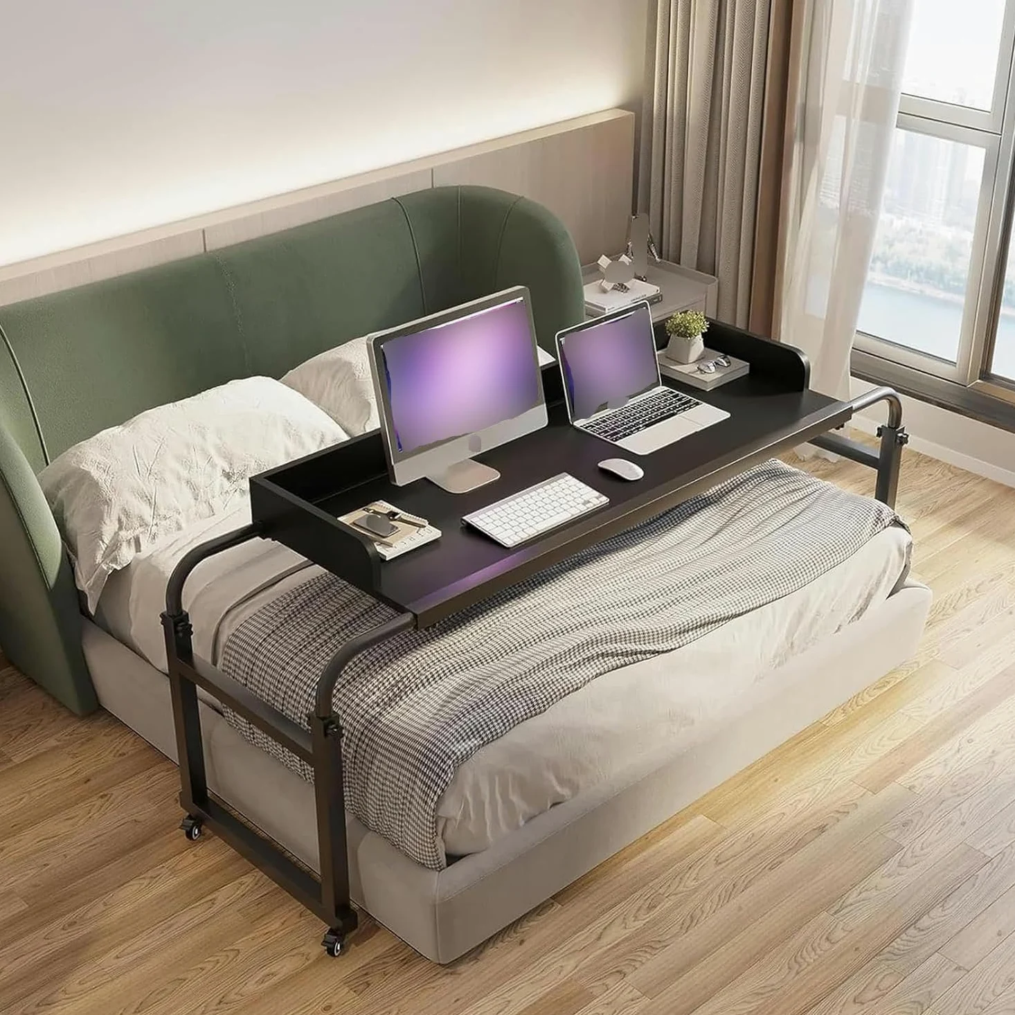 Tavolini Sopraletto, Comodino Regolabile con Ruote Rolling Laptop Desk Overbed Table con Ruote per(Color:Nero)
