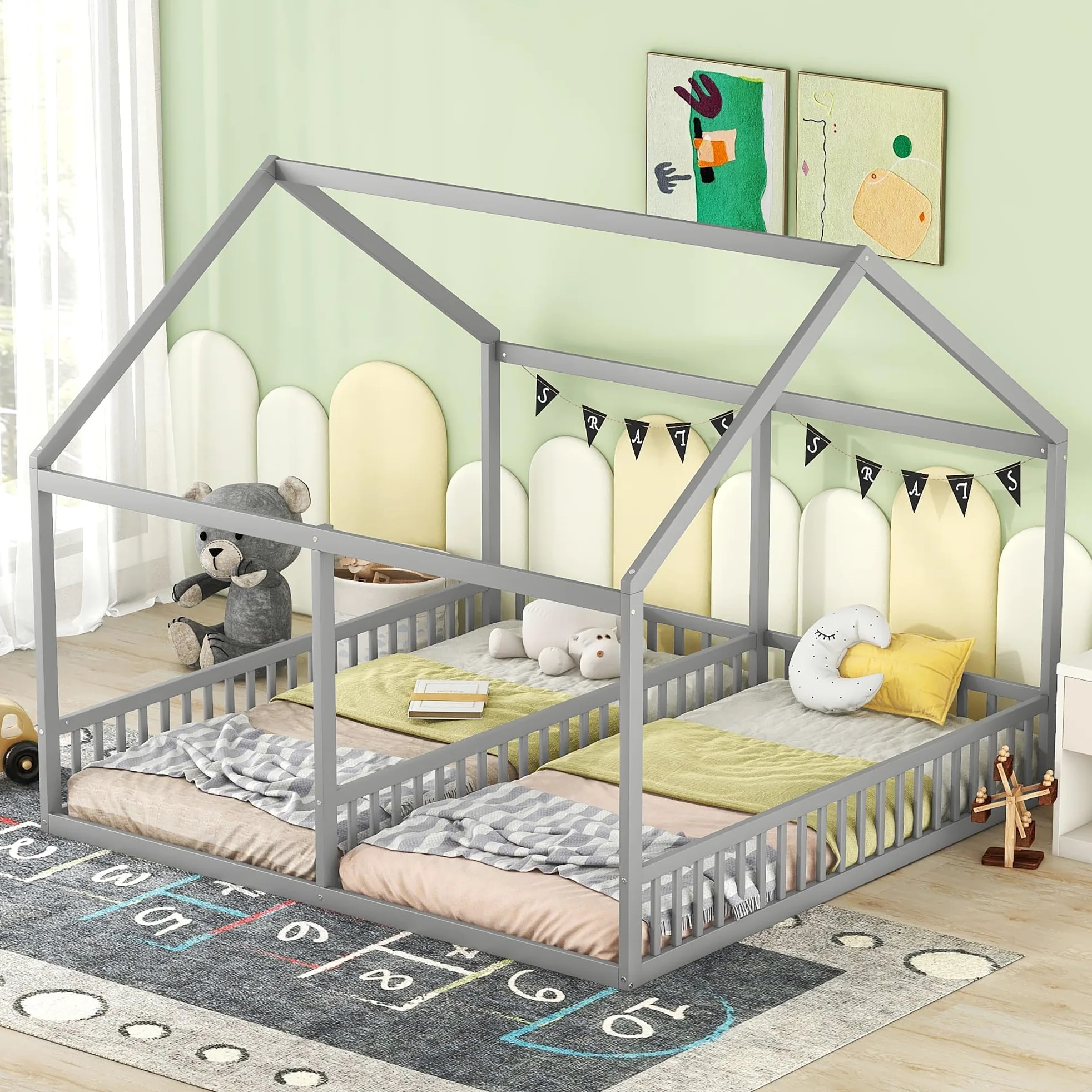 Dolamaní - Letto a soppalco, 180x200 cm, 2 letti per bambini con protezione anti-caduta, letti singoli 90x200 cm 2-in-1, letto per bambini in legno per fratelli e sorelle, letto per bambini a terra