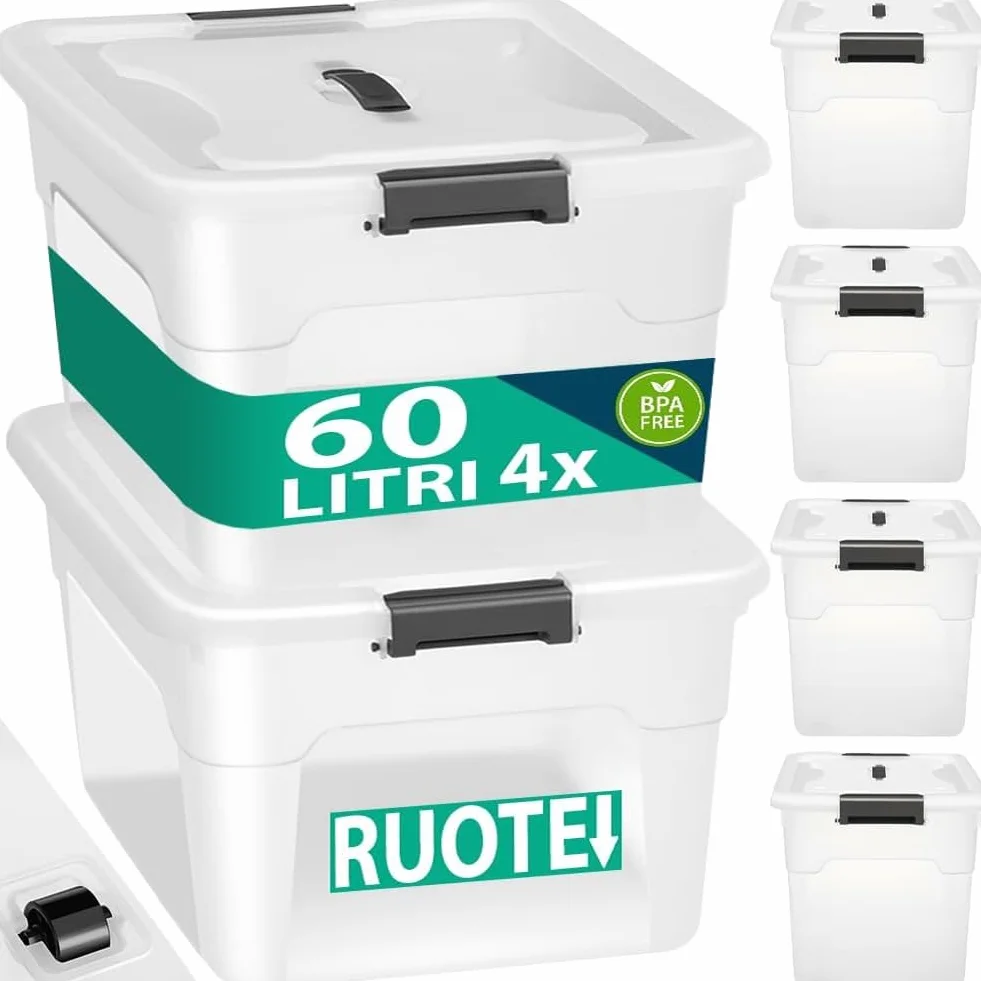 BAKAJI Set 4 Contenitori con Coperchio per Vestiti in Plastica con Ruote, Impilabile per Stoccaggio, 60 Lt Alto