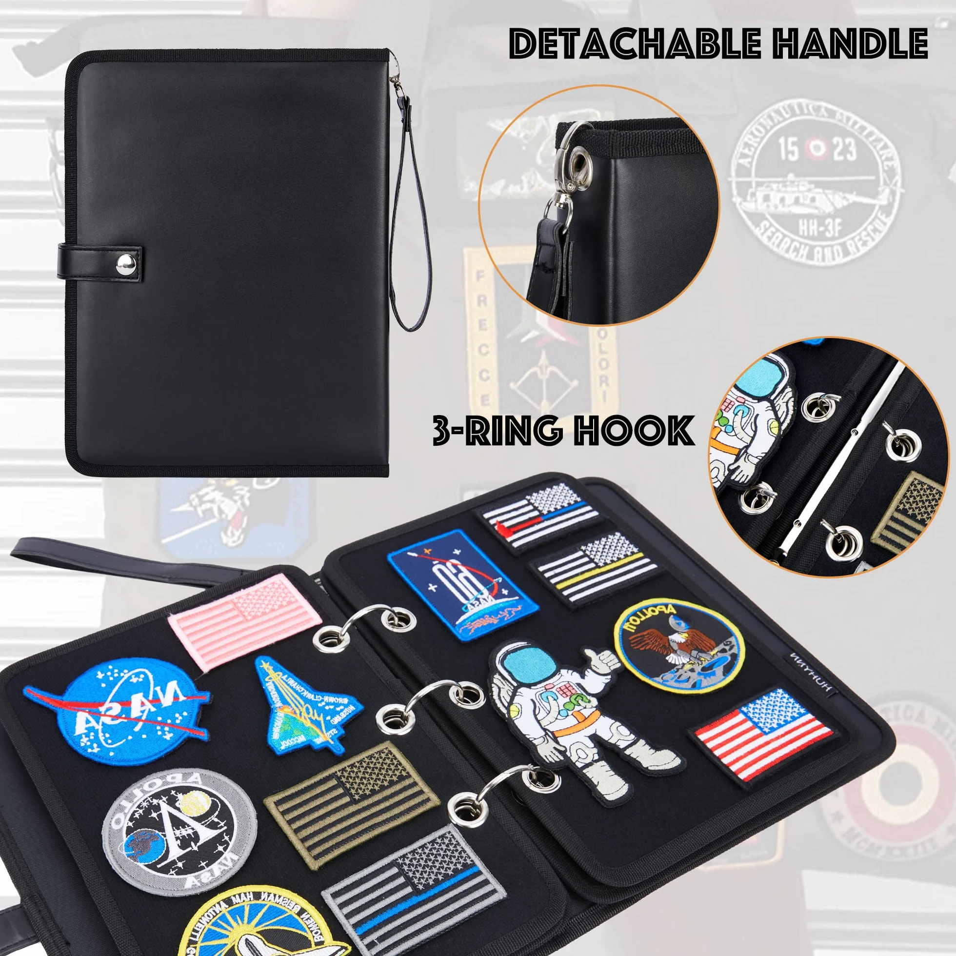 Espositore per toppe, organizer per opuscoli con pagine a scatto, per collezioni di patch con gancio e anello, raccoglitore a 3 anelli con 5 pannelli porta patch (solo borsa) (nero)