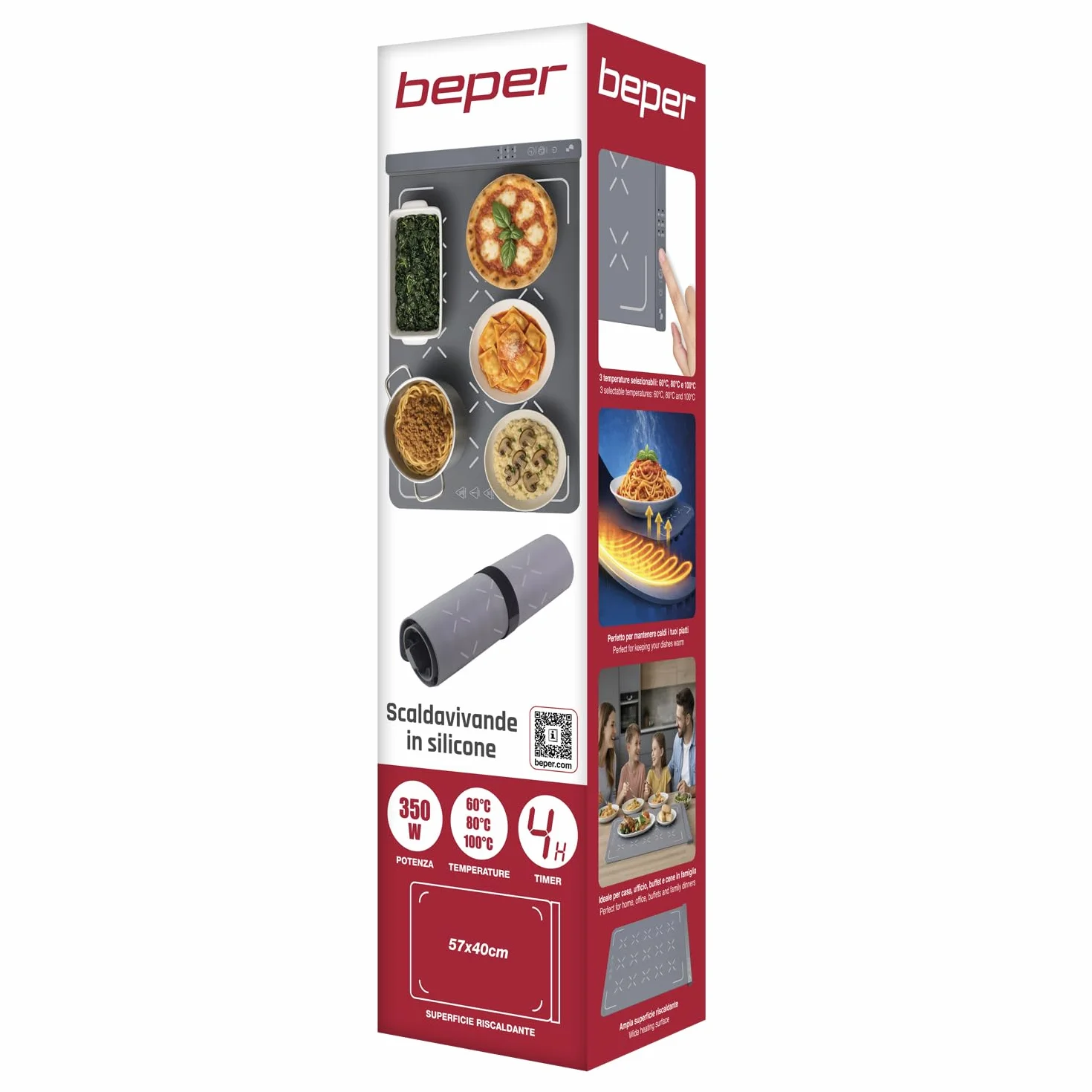 BEPER P101TEM100 Scaldavivande Elettrico in Silicone Arrotolabile, Vassoio Riscaldante 350W, 3 Temperature, Timer 4h, Touch