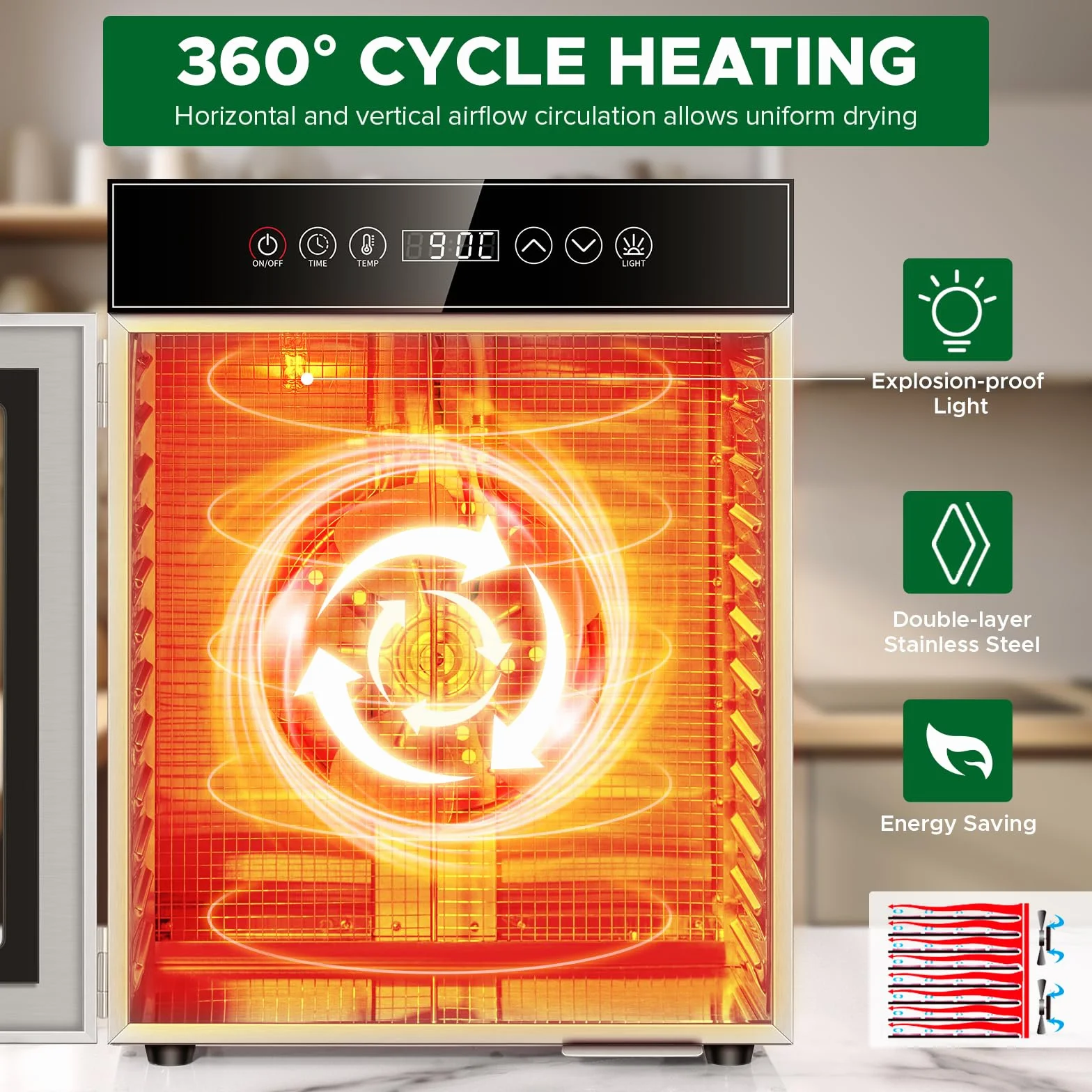 Kwasyo Essiccatore Alimentare in Acciaio Inox 750W con 12 Vassoi, Essiccatore Professionale, Timer Digitale, Controllo della Temperatura, Protezione dal Surriscaldamento, Ricettario Incluso
