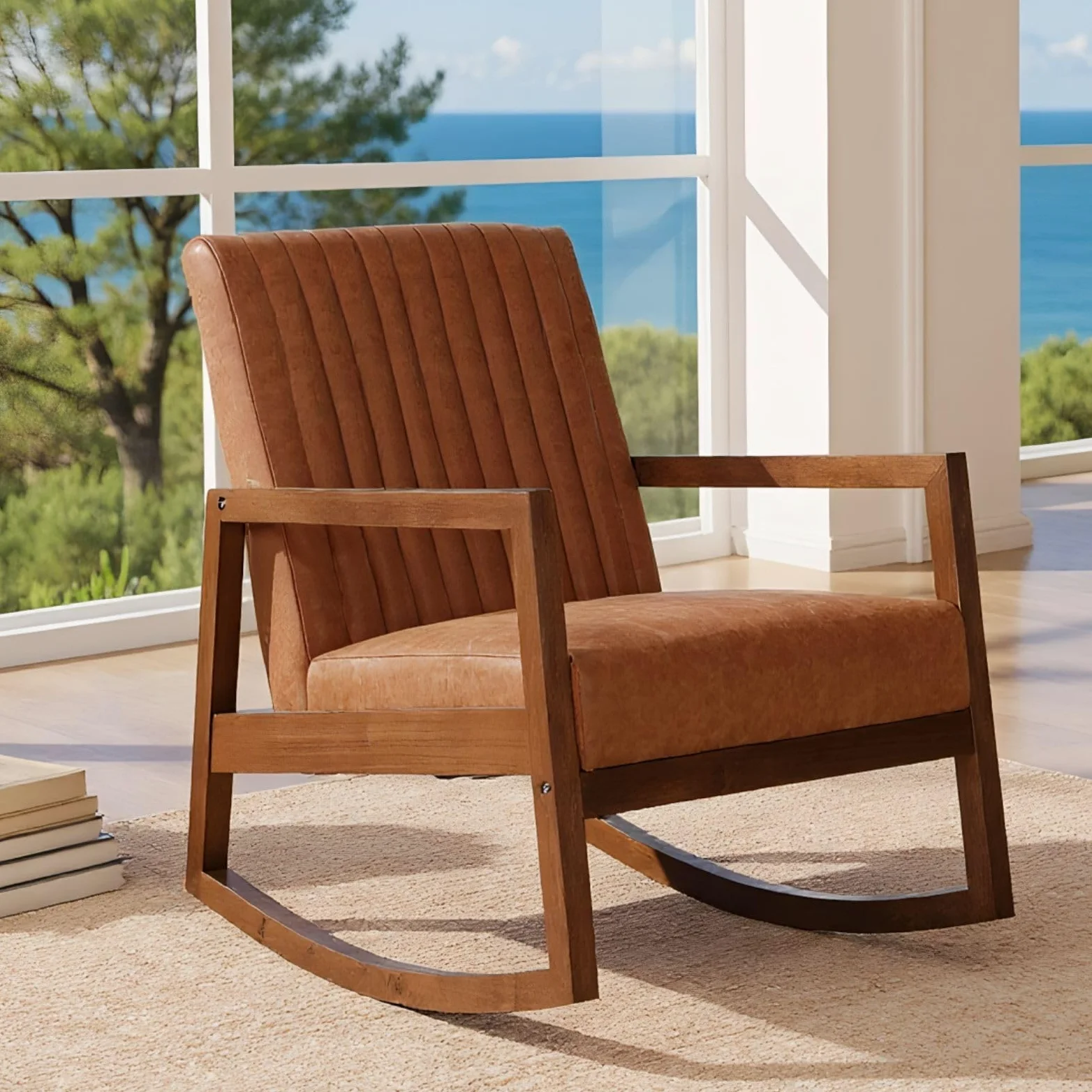 chairus Poltrona a Dondolo Sedia a Dondolo in Ecopelle Poltroncina con Gambe in Legno Massiccio Poltrona Imbottita per Soggiorno/Camera da Letto, Marrone