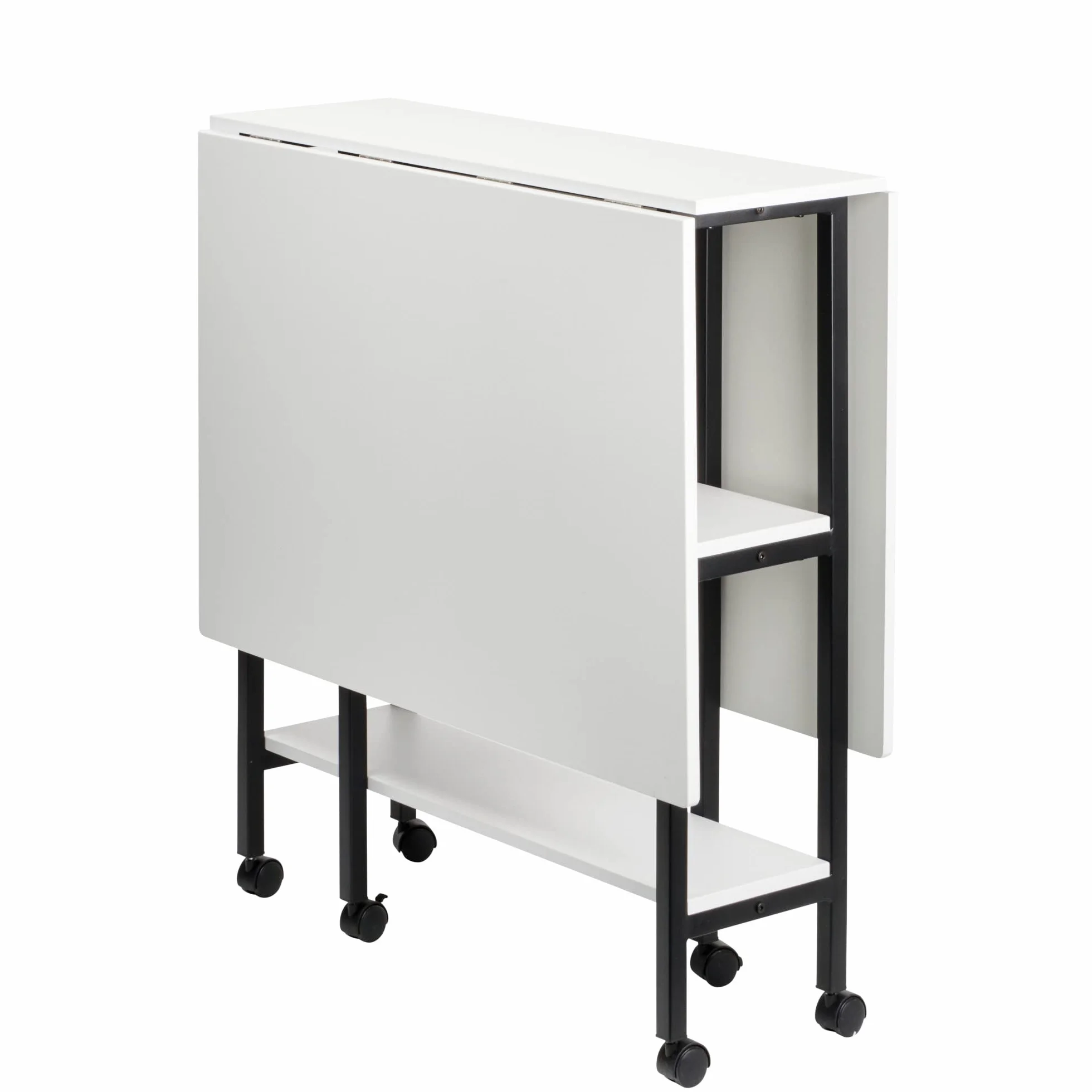 Tavolo da cucito pieghevole con piano bianco, gambe nere e ruote, 2 ribalte e 2 ripiani - WC1012