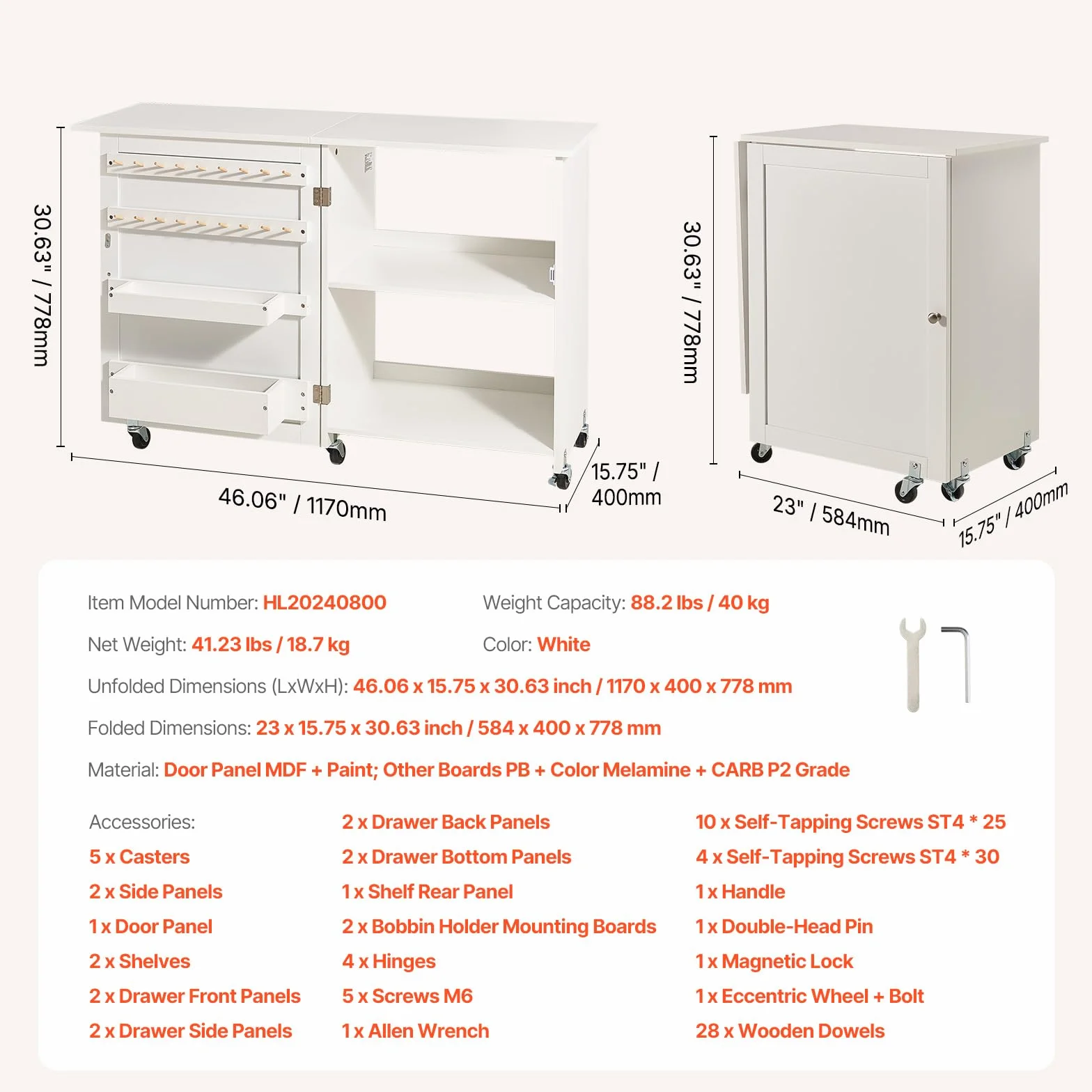 VEVOR Tavolo da Cucito Pieghevole, Tavolo Multiuso per Macchina da Cucire Compatto a Rotelle, Mobiletto da Cucito Ripiani Portaoggetti, Pioli in Legno Ante Magnetiche, Carico max. 40 kg, Bianco