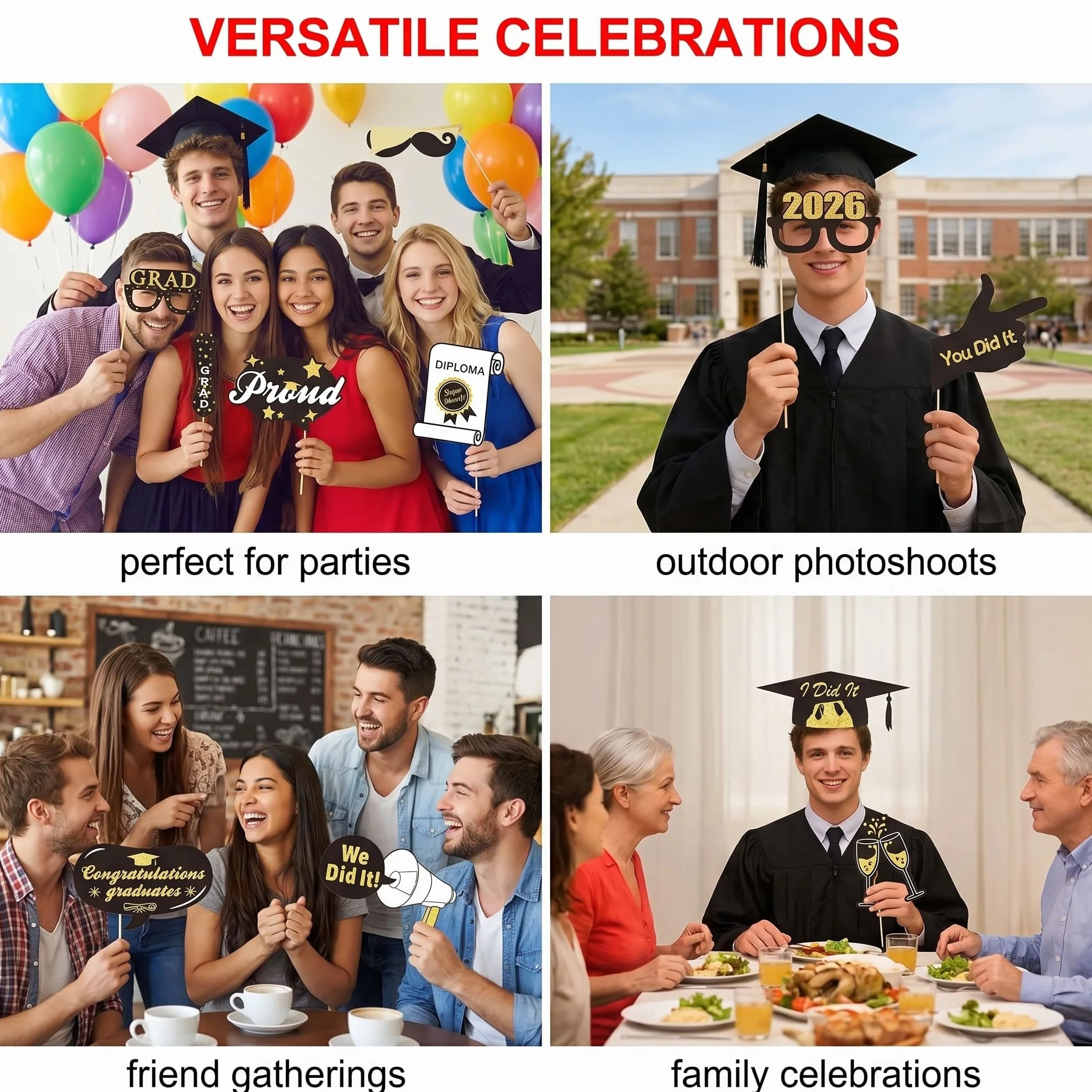 Foto Props Laurea 2026 | 20 Pezzi Gadget Divertenti Nero Oro per Photo Booth. Decorazioni per Festa di Graduazione, Accessori in Carta per Foto Indimenticabili Abi & Bachelor.
