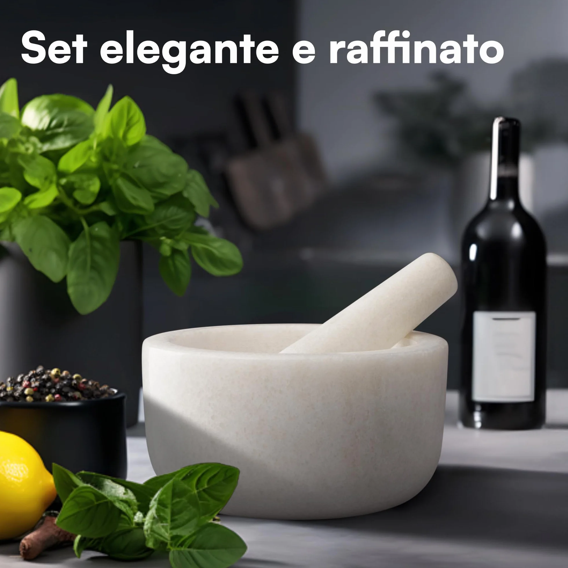 Mortaio con Pestello in Marmo Ø 18 x 10 cm per Pesto - Bianco Antiscivolo