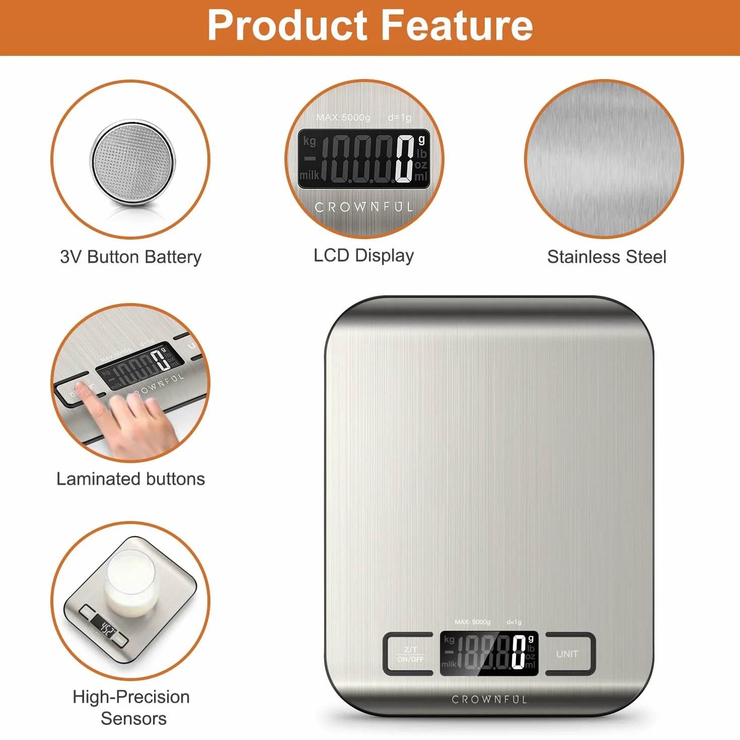 CROWNFUL Bilancia da Cucina Digitale, acciaio inossidabile, Grande Display LCD, Capacità 5 kg, multifunzione Bilancia Cucina 5 unità con funzione tara, Argento