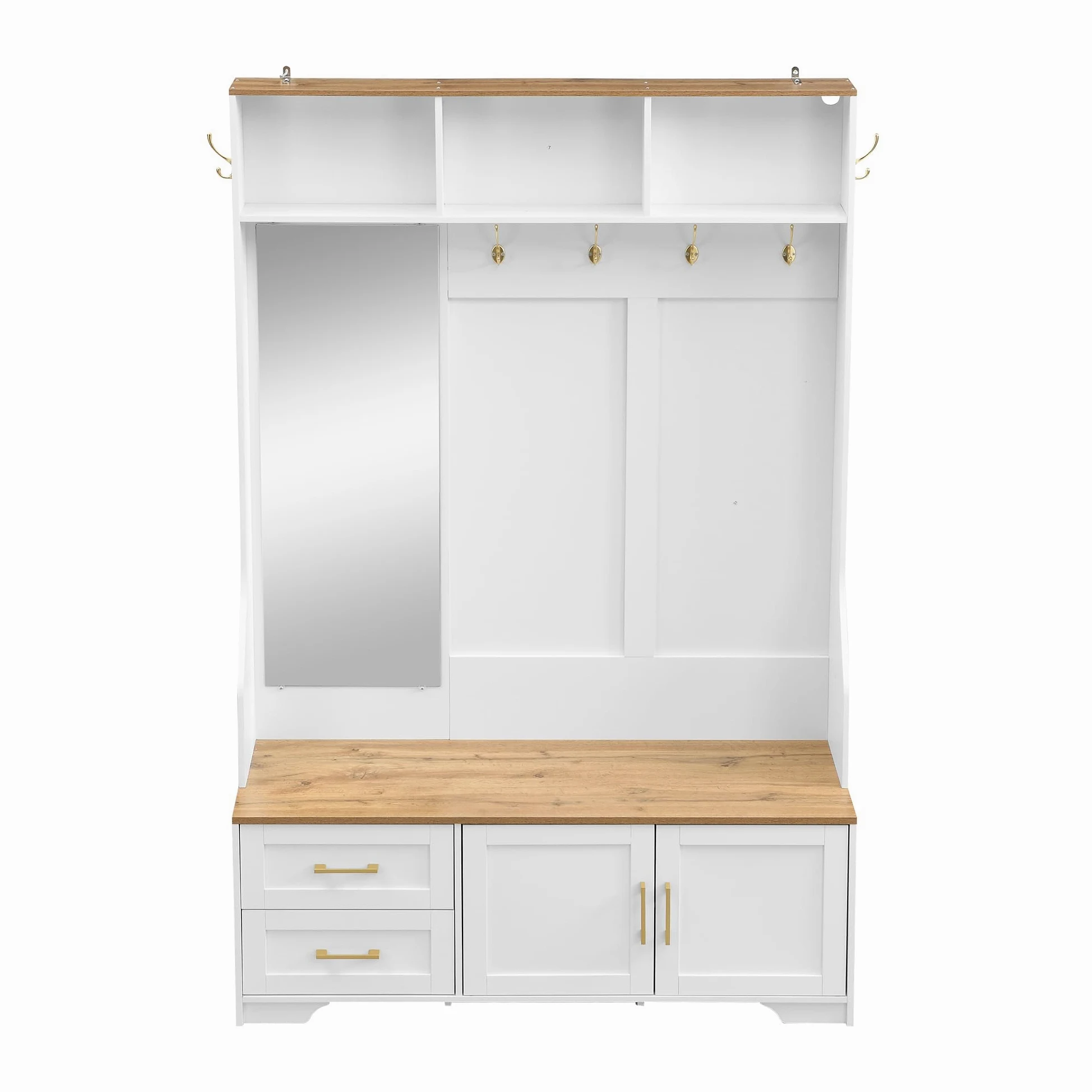 Scarpiera multifunzionale, 120 x 190 cm, specchio, ganci, cassetti, armadietto moderno con spazio di archiviazione, sedile, bianco + colore legno