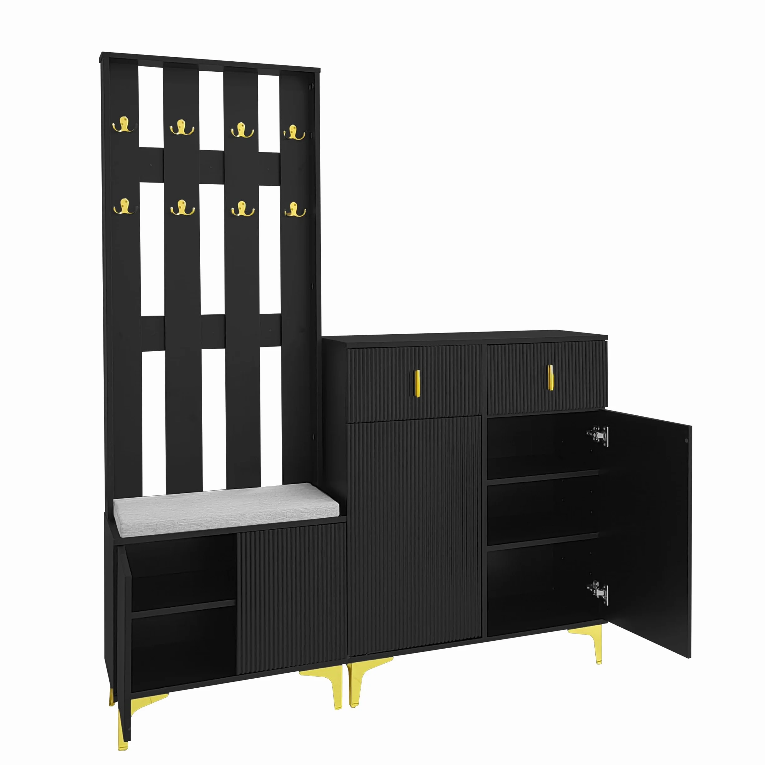 sogesfurniture Set di Guardaroba, Guardaroba per Corridoio con 8 Ganci per Abiti, Scarpiera con Cuscino, Grande Armadio con 2 Cassetti e Ante, per Corridoio e Ingresso (Nero)