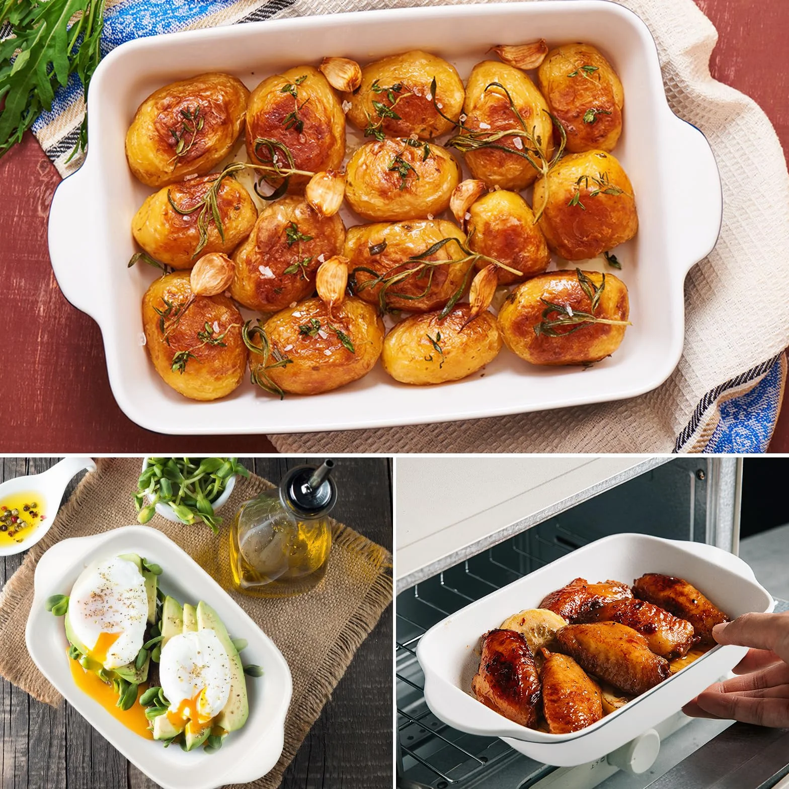 2 pirofile in ceramica, per lasagna, 23,2 x 14,2 x 4,5 cm, rettangolari, piccole pirofile, con manico, in ceramica, rettangolari, per lasagne, tiramisù e casseruola (bianco)