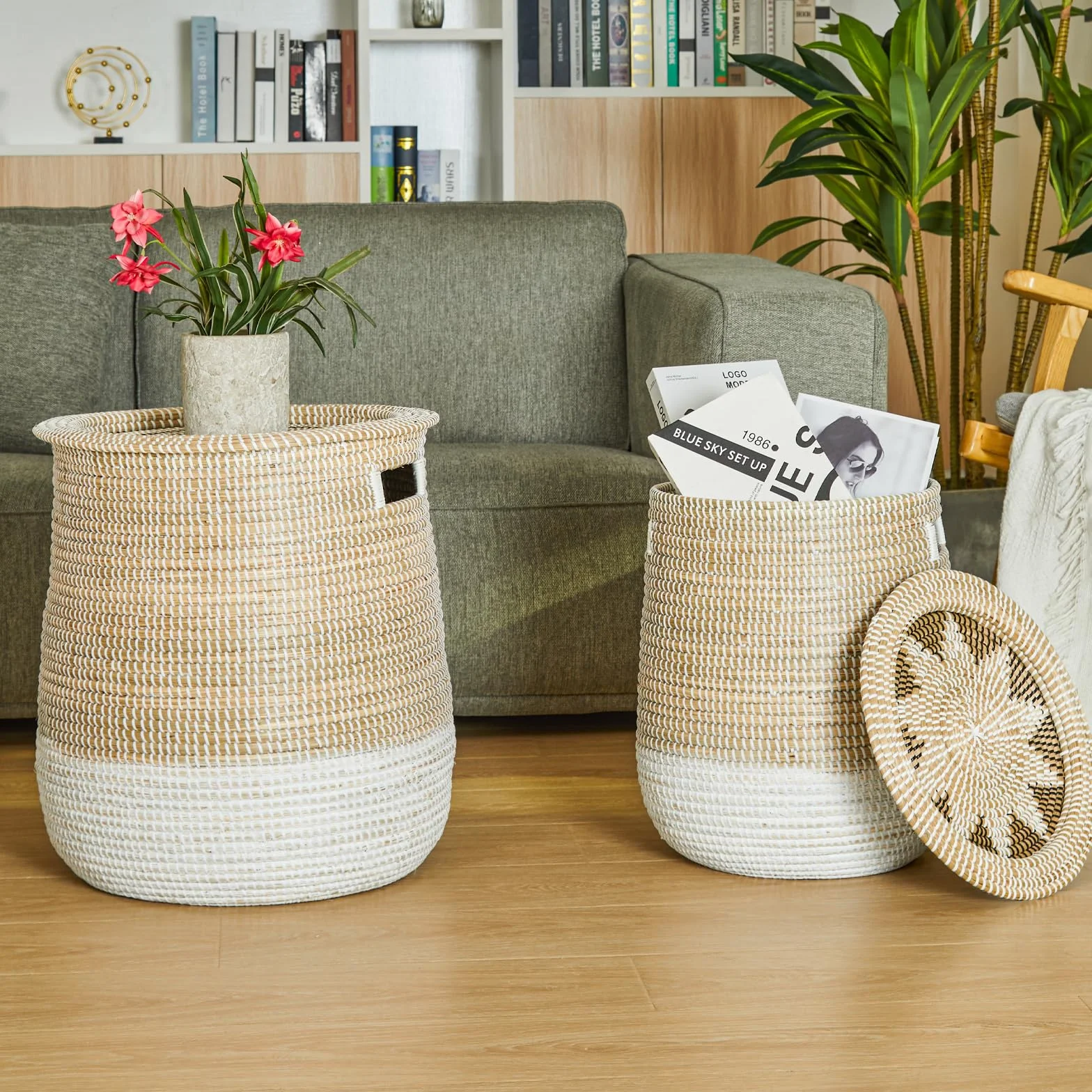 Cesto Portabiancheria Grande con Coperchio, Cesto Intrecciato in Alghe Marine, Adatto per Riporre Vestiti, Giocattoli e Cuscini, Bianco e Marrone, 45,14 L/86,38 L