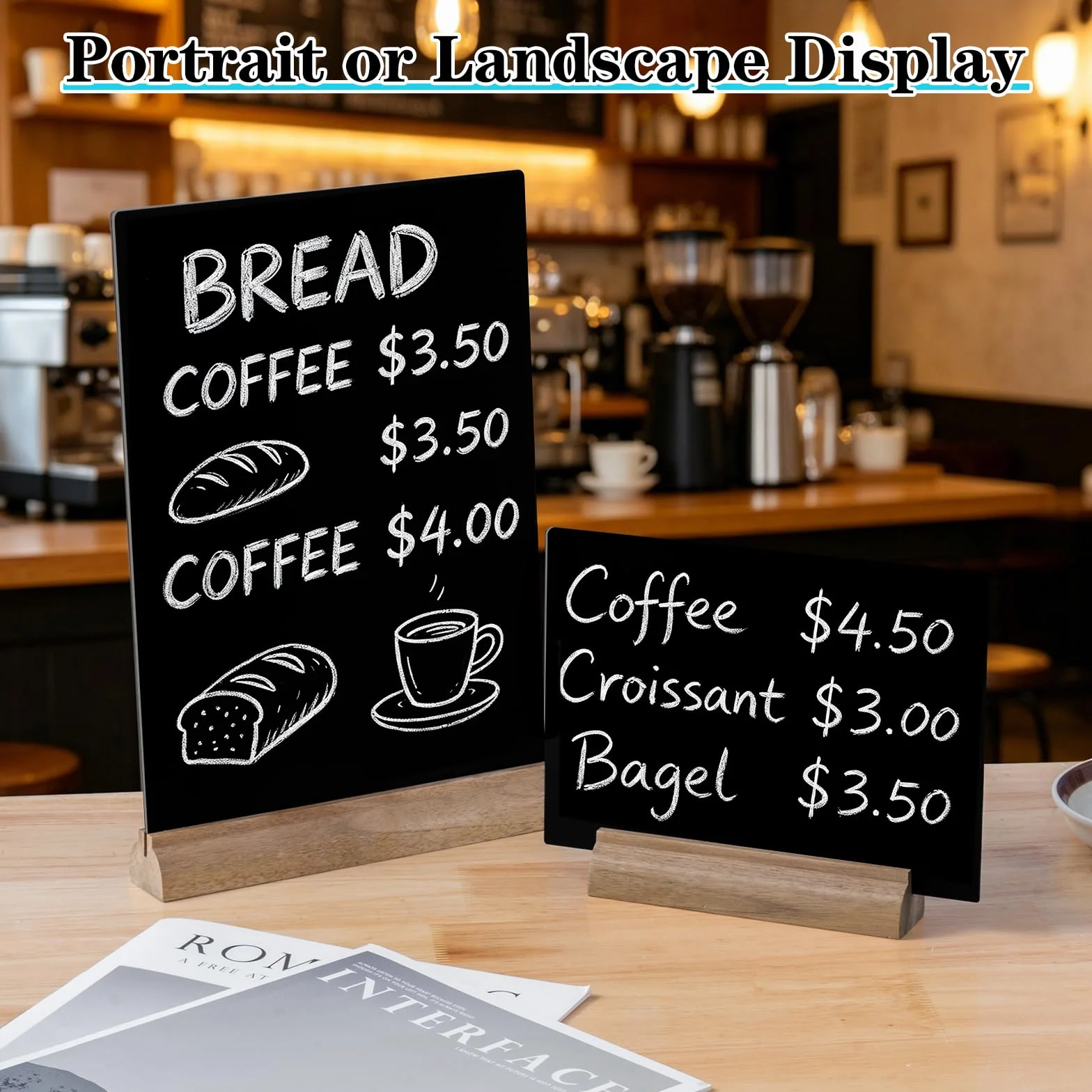 4 Pezzi A4 Lavagna Doppia Faccia Acrilico con Supporto Legno, Lavagna Nera Porta Menu A4 Bancone Ristorante, 3mm Compatibile Gesso Liquido e Standard per Caffè Trattoria Osteria Bar Negozio