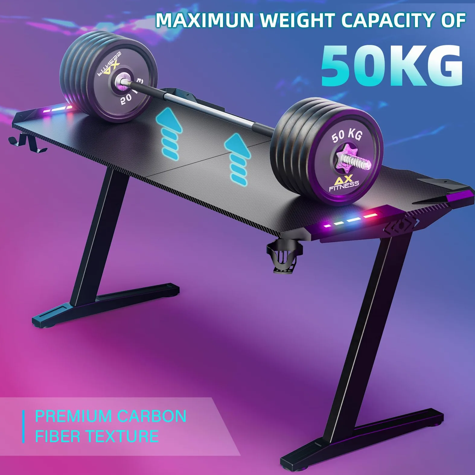Himimi Scrivania Gaming LED 160 x 70 CM, Tavolo Gaming Ergonomica, Postazione Gaming Dotato con Piano del Tavolo in Fibra di Carbonio, Scrivania per Computer con Porta Bicchiere e Ganci per Cuffie