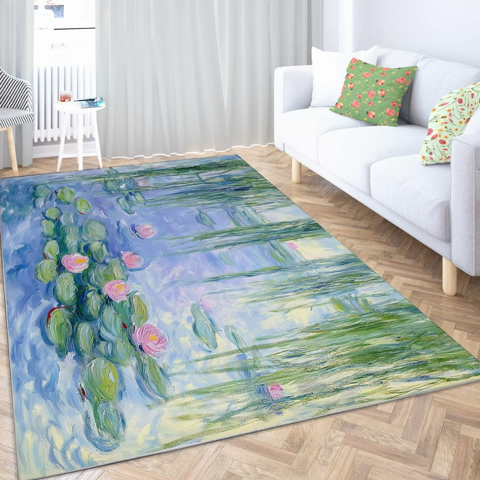 Tappeto verde per laghetto con ninfee, 160 x 230 cm, a pelo corto, moderno, per soggiorno e camera da letto, con retro antiscivolo resistente, lavabile in lavatrice, per l'arredamento della casa.