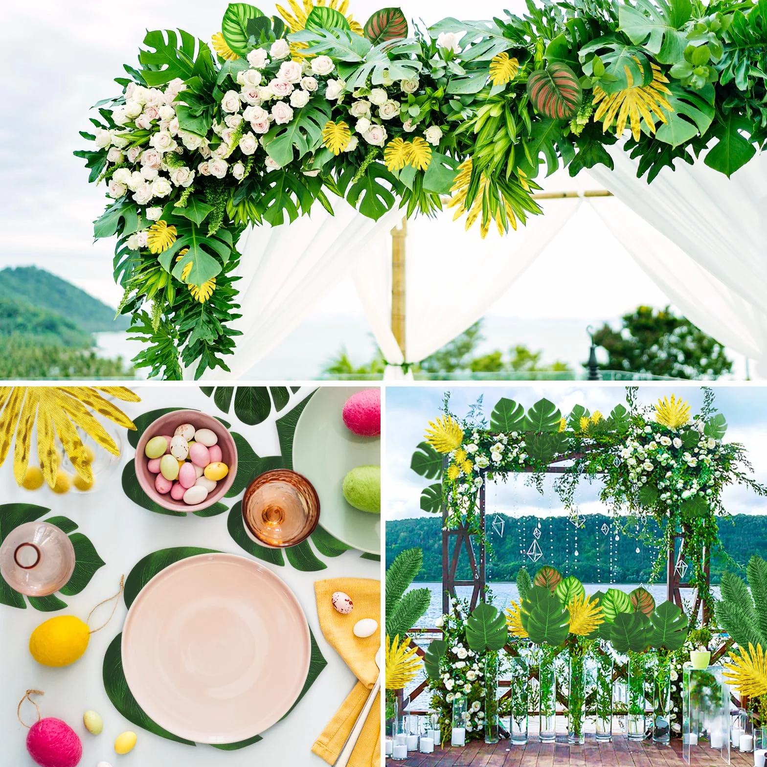 QUOZUO 50 pezzi foglie tropicali artificiali Monstera decorazione verde e oro