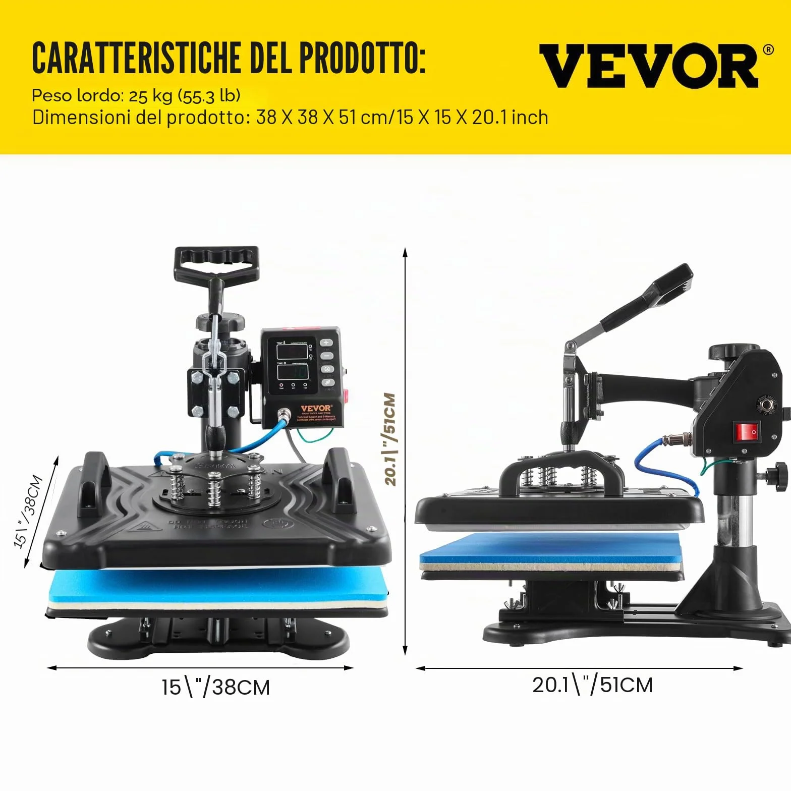 VEVOR 10 in 1 Pressa a Calore Multifunzionale, 30 x 38 cm Stampa a Trasferimento Rotante 360° Macchina di Sublimazione, Pressa Termica per T-shirt, Tazze, Nero