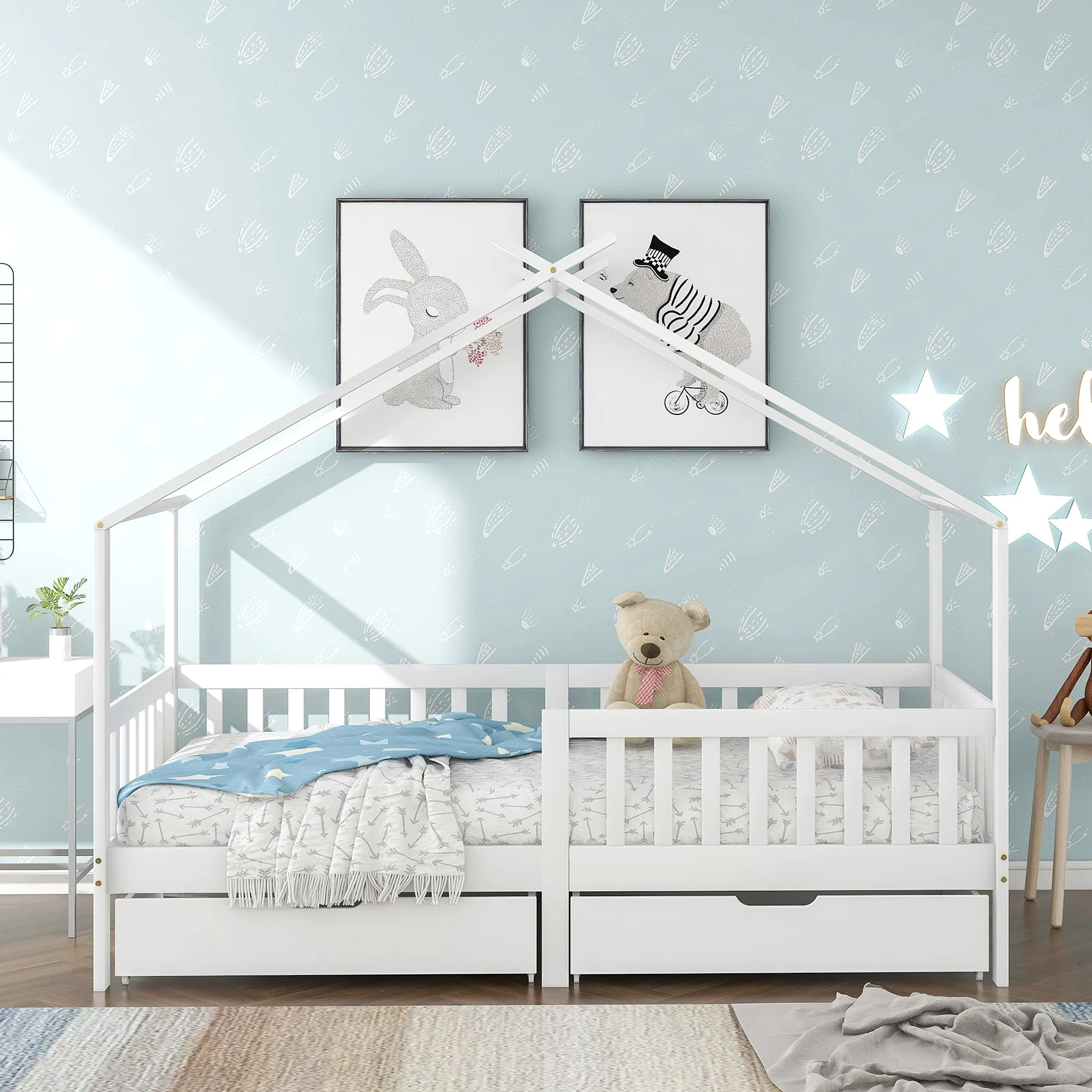 Letto Casetta per Bambini 90x200cm, Lettino Montessori con 2 Cassetti, Struttura in legno massello con Rete a Doghe, Cameretta Ragazzi, letto a Forma di Casa