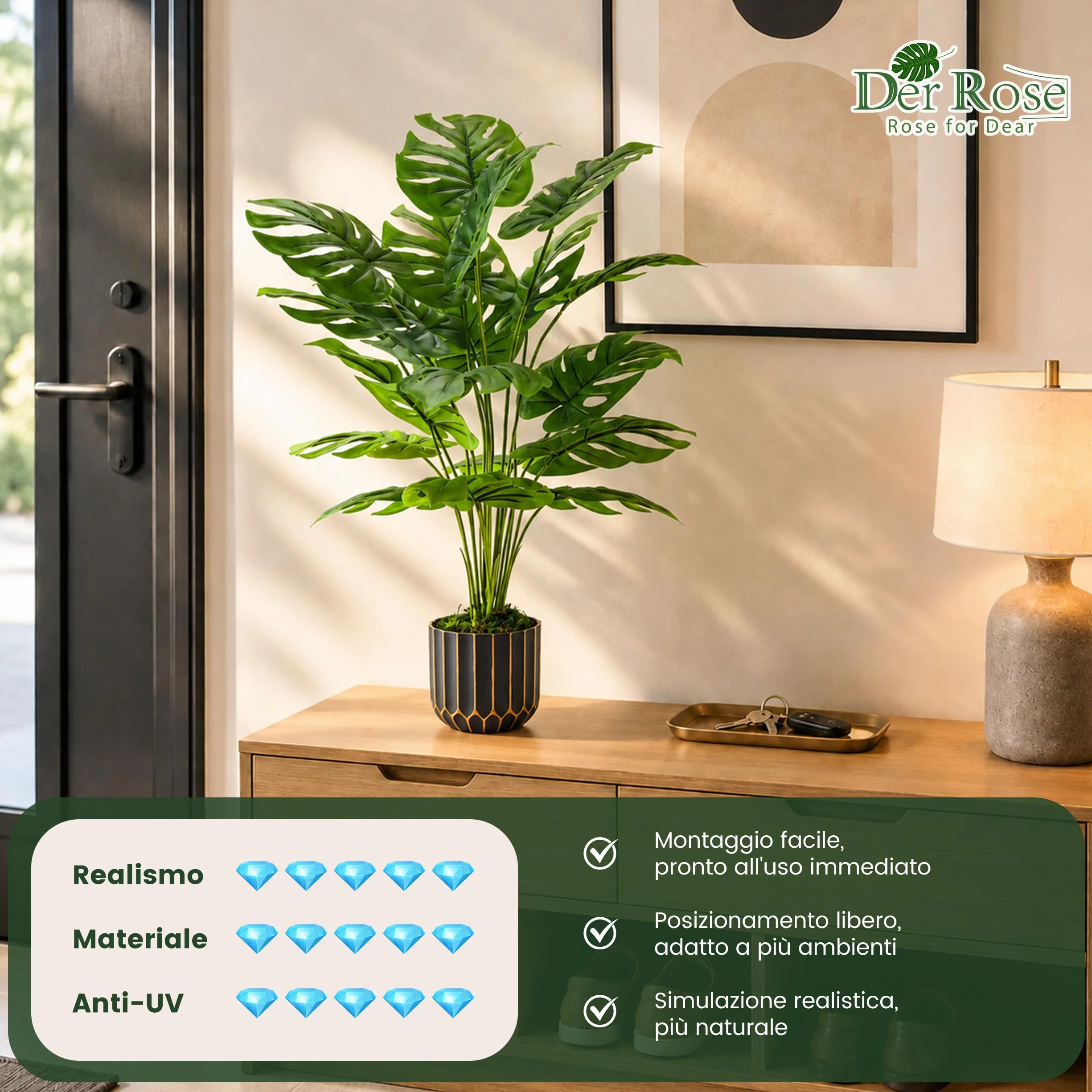 Pianta artificiale Monstera Der Rose 71 cm decorazione casa interni
