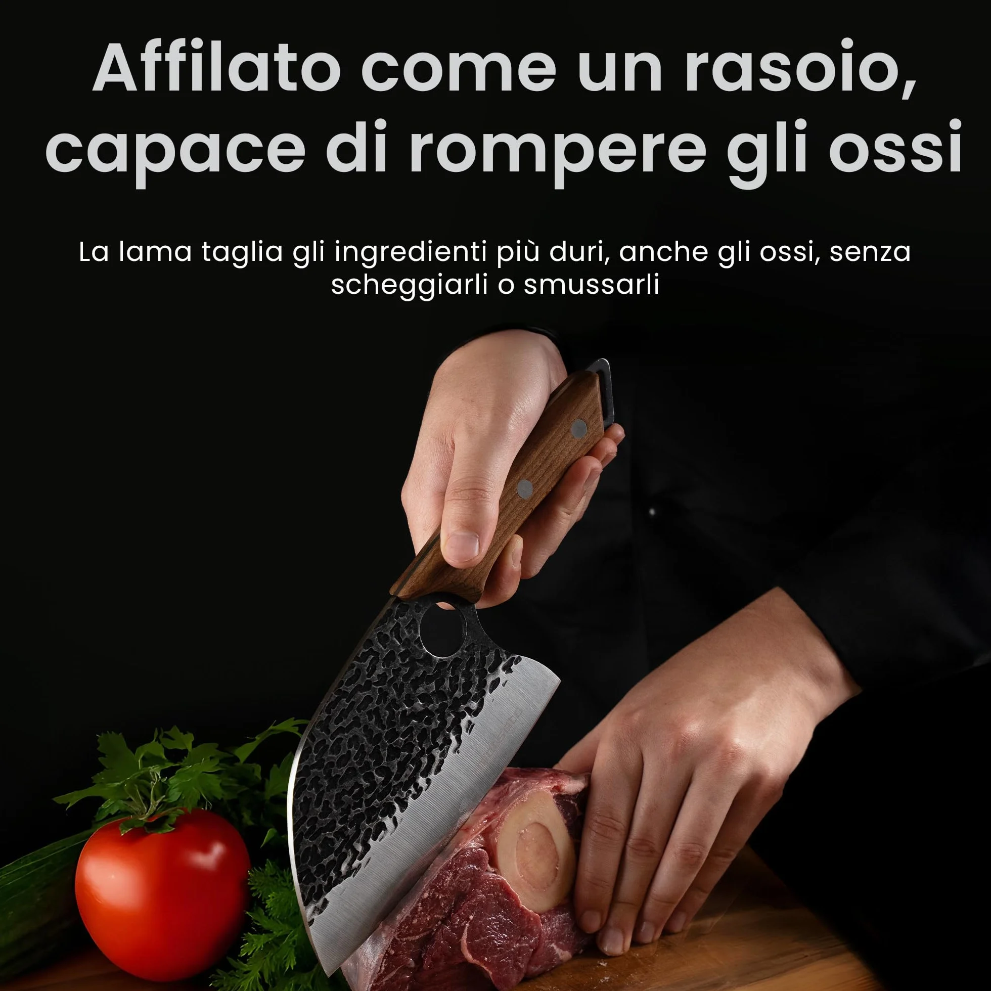 Matsato Mannaia da Cucina Professionale in Acciaio Giapponese - Coltello Mannaia con Lama 15 cm, Manico in Faggio Carbonizzato - Per Carne, Verdure e Ossa da Macellaio