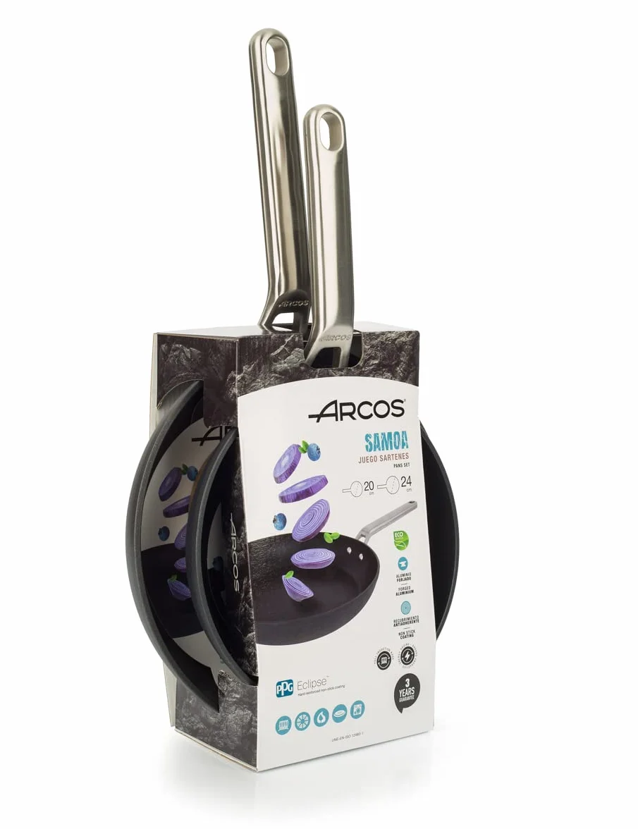 Arcos Serie Samoa | Set di padelle 20 e 24 cm | Alluminio Forgiato | FULL INDUCTION | Adatto qualsiasi cucina | Anse Acciaio inossidabile effetto freddo | Lavabile in lavastoviglie | Colore Nero