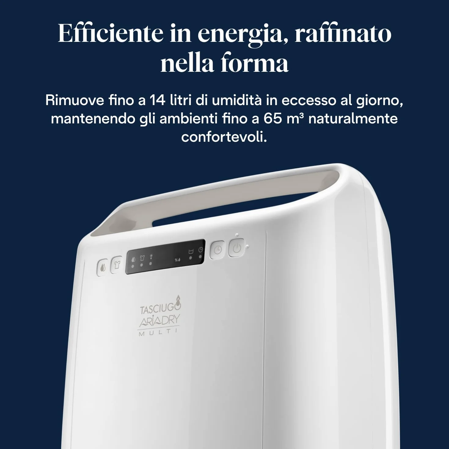 De’Longhi Tasciugo AriaDry Multi - Deumidificatore Casa Portatile, Sistema di Filtrazione a 3 Azioni, Assorbi Umidità 14L/Giorno, Asciugabiancheria, Antimuffa, Bassa Rumorosità, Bianco (DEXD214RF)