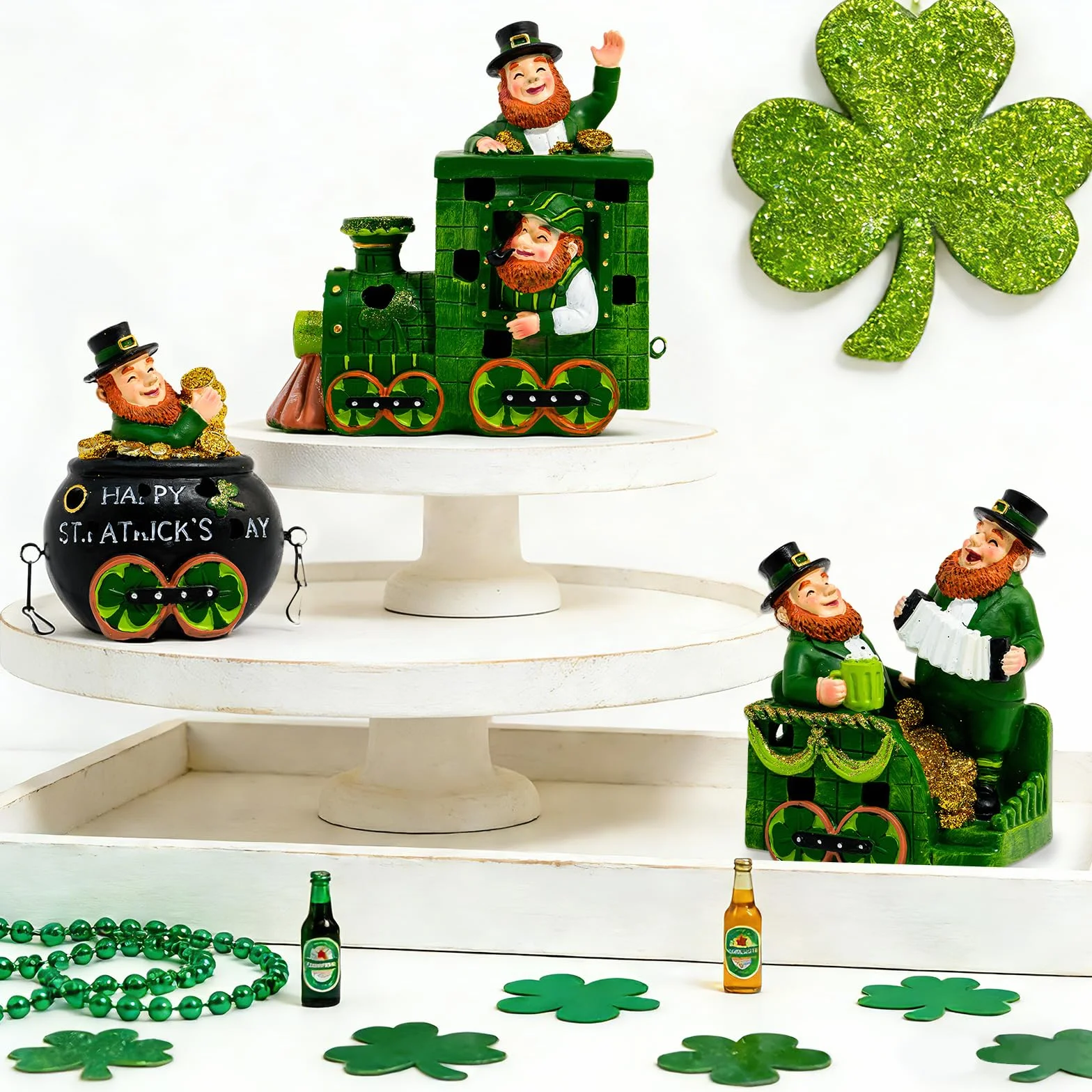 3 decorazioni per il giorno di San Patrizio dell'Irlanda, statuetta con leprechaun illuminato in resina irlandese, centrotavola da tavolo per la casa
