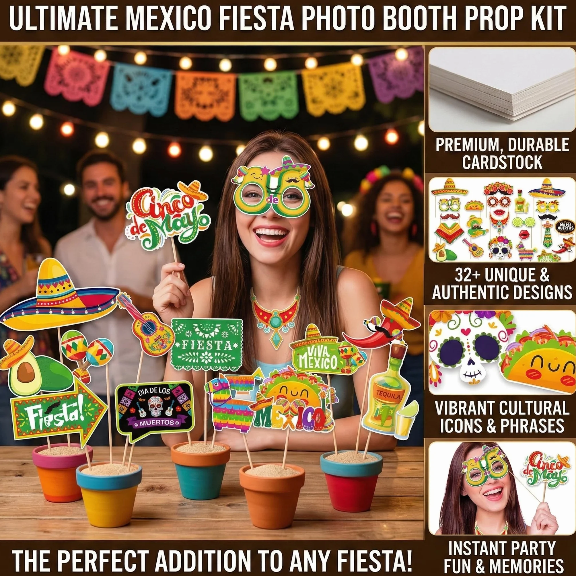 Set Decorazioni per Festa Messicana - 30 Pezzi di Accessori Fotografici Divertenti, Sombrero, Peperoncini, Labbra, Cactus, Occhiali e Molto Altro - Perfetto per Party a Tema Messicano e Carn