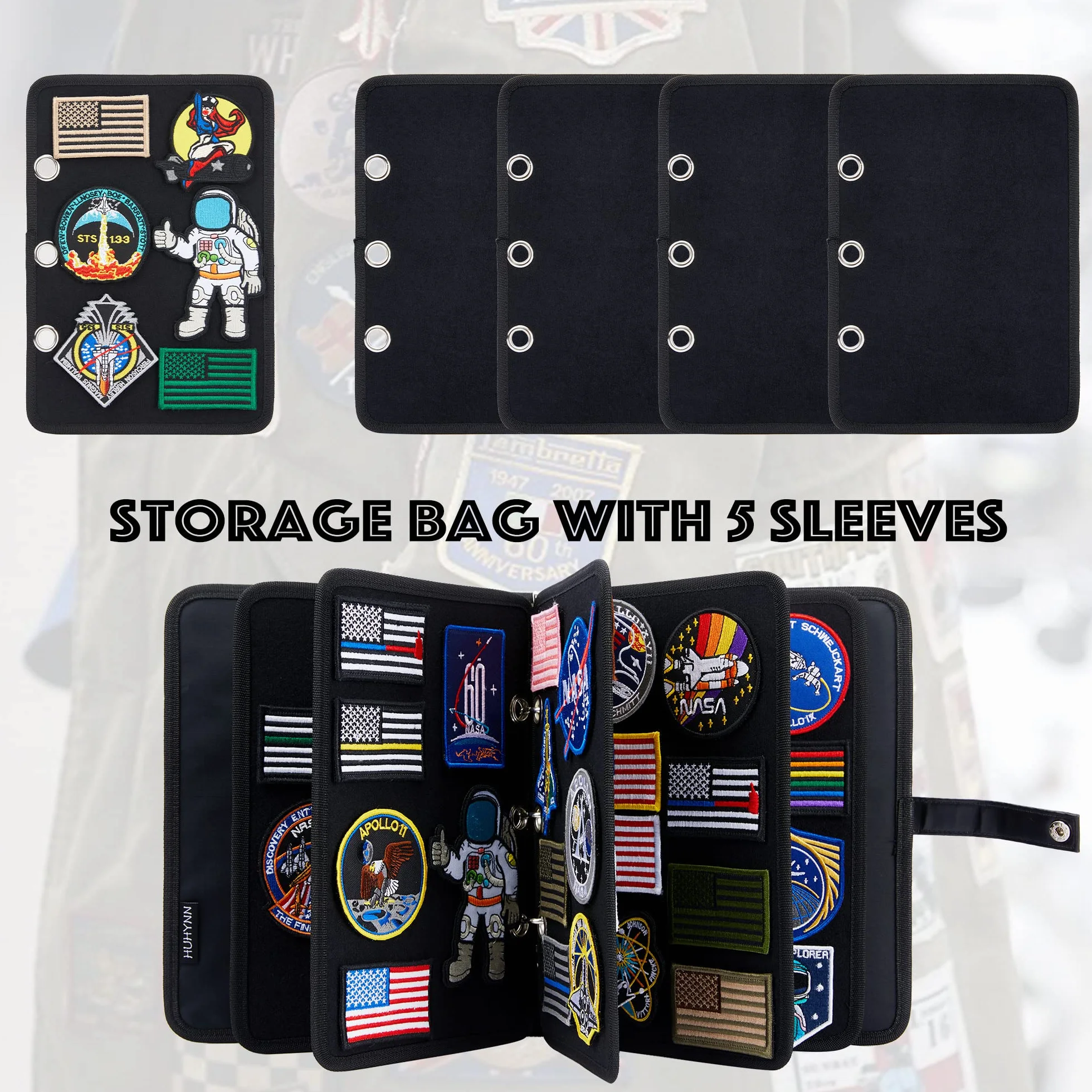 Espositore per toppe, organizer per opuscoli con pagine a scatto, per collezioni di patch con gancio e anello, raccoglitore a 3 anelli con 5 pannelli porta patch (solo borsa) (nero)