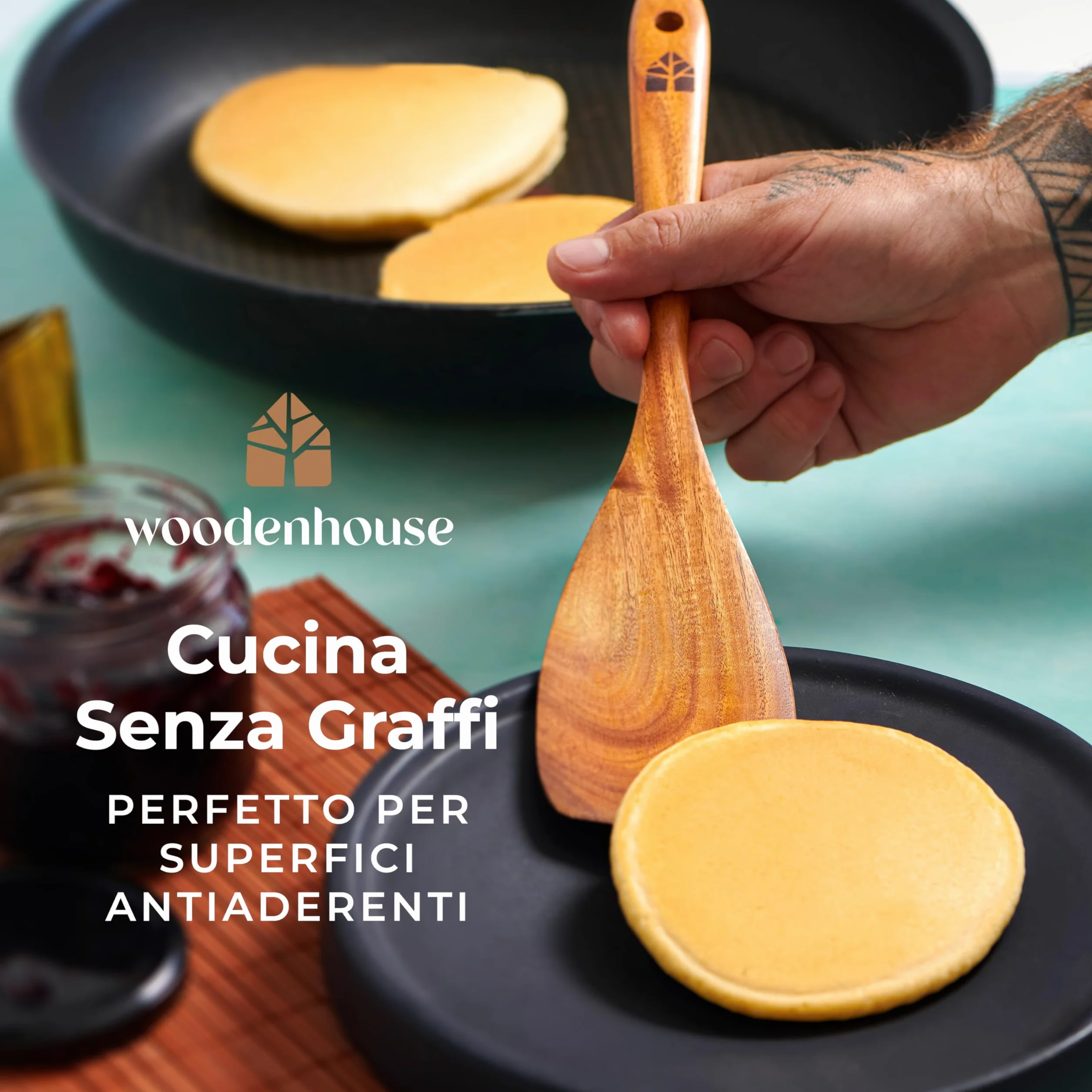 Woodenhouse - Set di 12 Pezzi di Utensili da Cucina in Legno di Teak con Supporto, Porta Cucchiaio e Ganci Nonstick