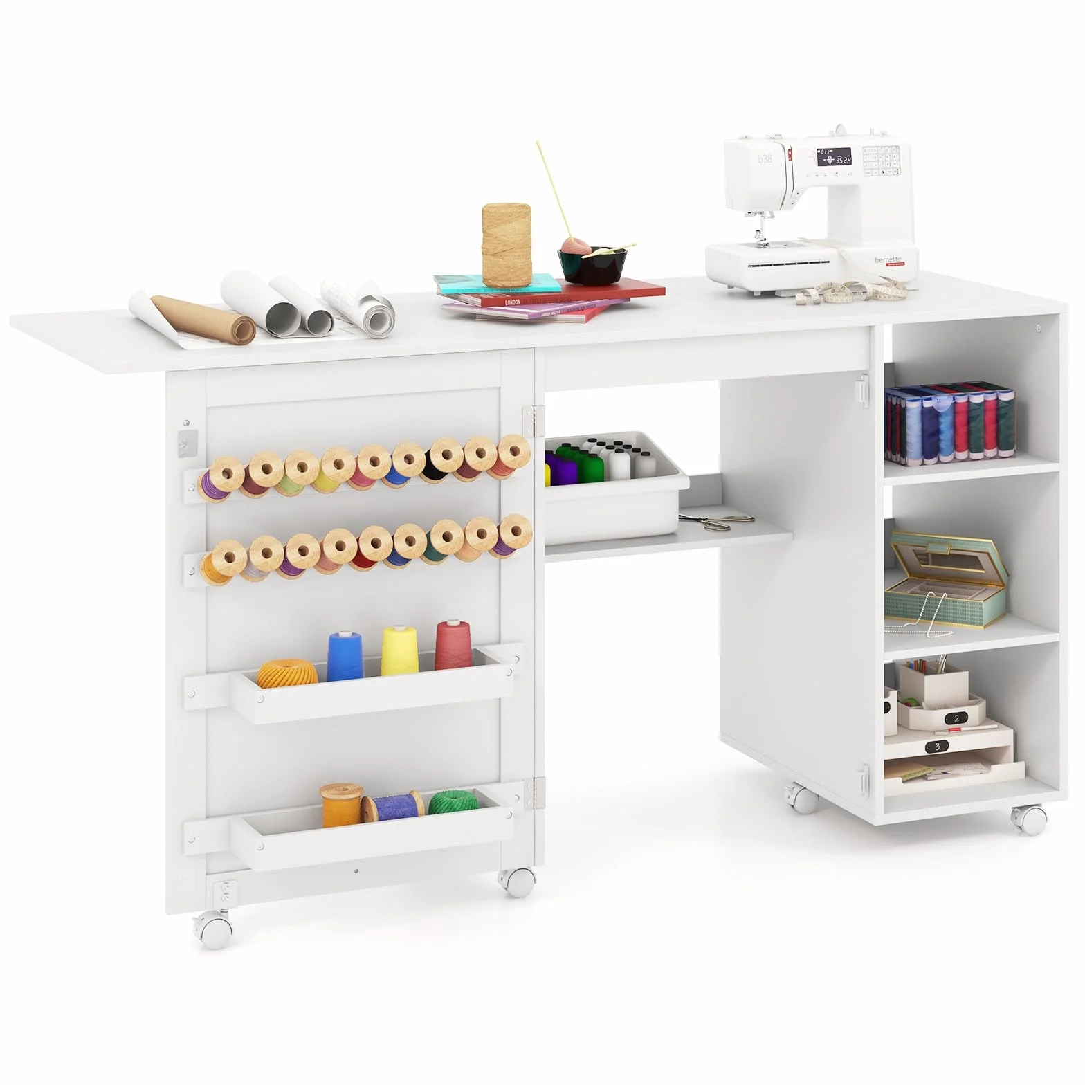 RELAX4LIFE Tavolo da Cucito Pieghevole, Mobile per Macchina da Cucire con Ripiani di Stoccaggio, 2 Contenitori e 18 Ganci, Stazione di Lavoro Portatile con Ruote Bloccabili per Spazi Ristretti