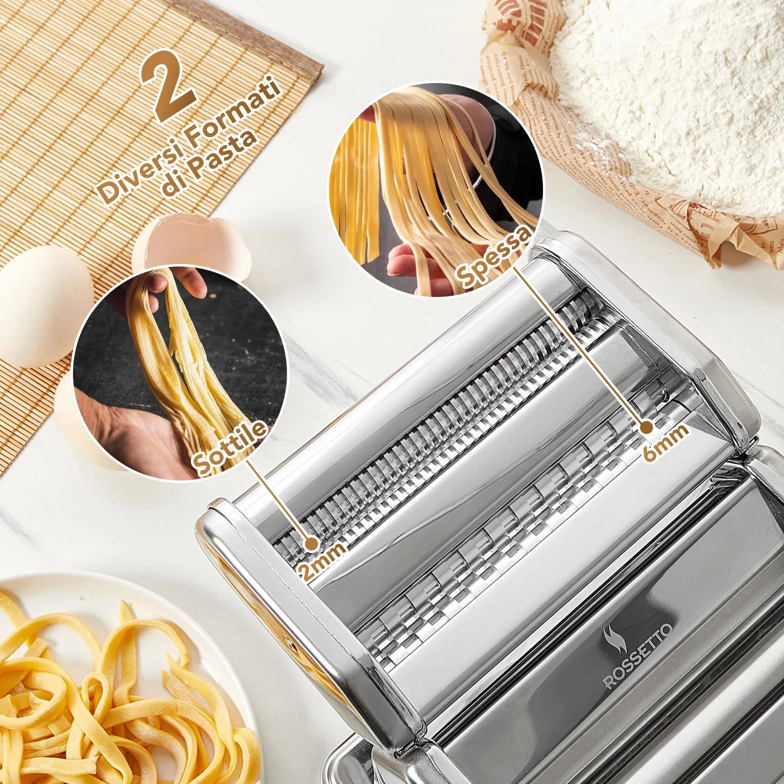 ROSSETTO Macchina per la pasta manuale in acciaio inox 9 spessori regolabili 2 larghezze taglio per lasagne spaghetti fettuccine ravioli