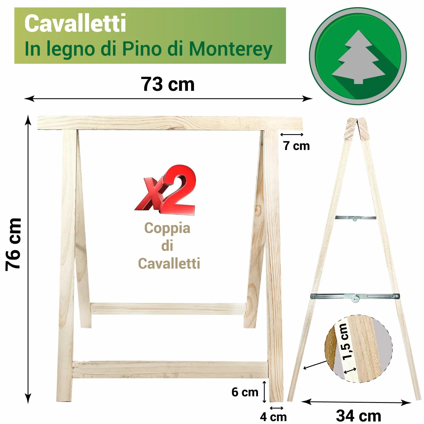 Crisalide® Cavalletti in Legno Massello di Pino – Portata 400 kg – Pieghevoli 73x76 cm – Cavalletti da Lavoro