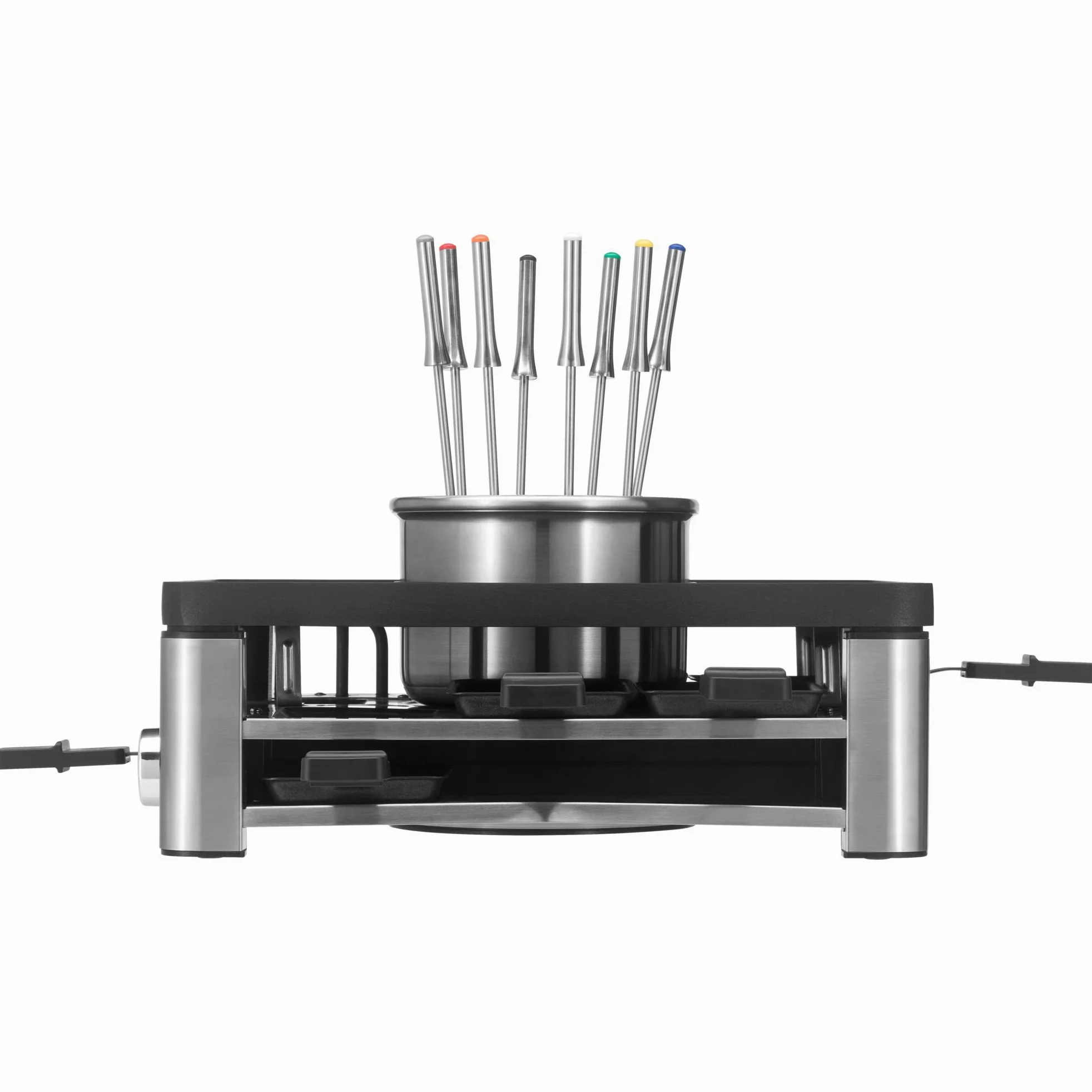 WMF Gourmet Station Lumero 3 in 1 in Acciaio Cromargan, Raclette, Fonduta e Griglia Elettrica Tutto in 1 per 8 Persone, con 8 Tegamini, 8 Spatole per Formaggio e 8 Forchette,Display LCD,Potenza 1800W
