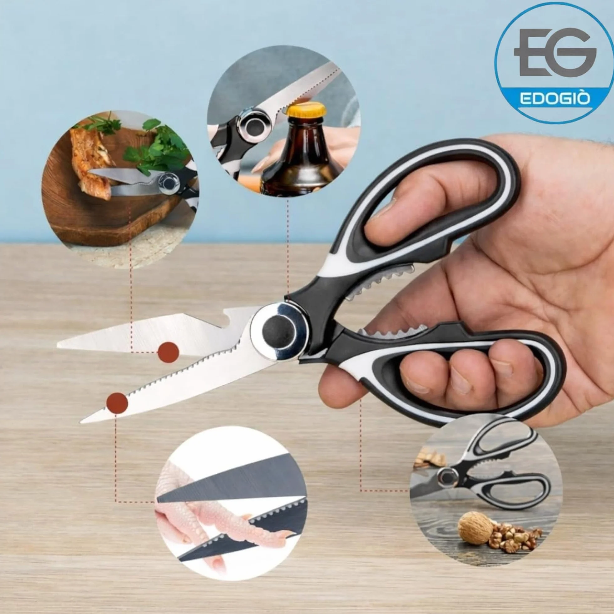 Forbici da cucina professionali in acciaio inox 304 multiuso con apribottiglie, adatte per carne, pesce e verdure, manico ergonomico antiscivolo e perno rinforzato.