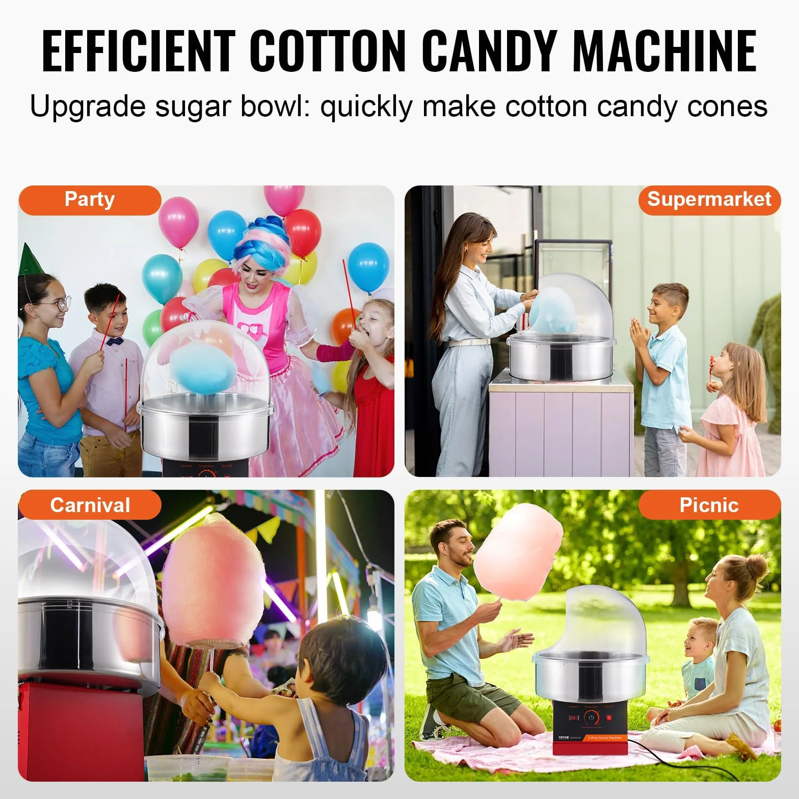 VEVOR Macchina elettrica per zucchero filato, 1 kW, macchina per zucchero filato commerciale con coperchio, ciotola in acciaio inox e cucchiaio da zucchero, per compleanni per bambini, casa, feste di