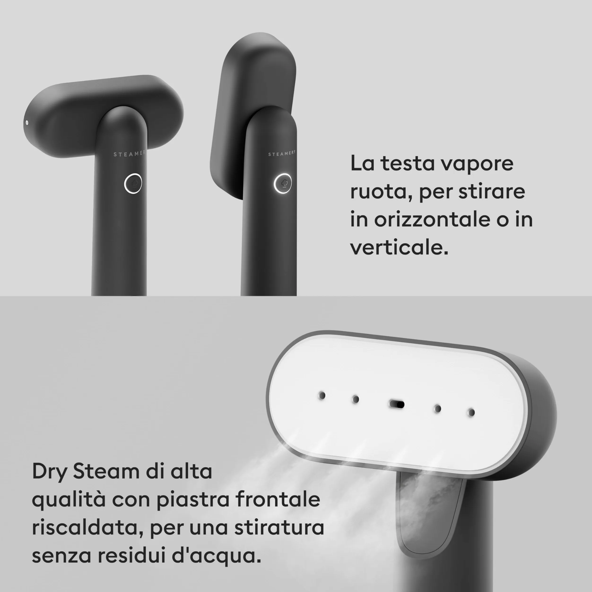 Steamery Steamer da viaggio Cirrus Lite, 1200W, Potenza vapore 16g/min, Tempo di riscaldamento 18 secondi, Portatile e ripiegabile, Testa vapore girevole, Dry Steam Technology, Charcoal