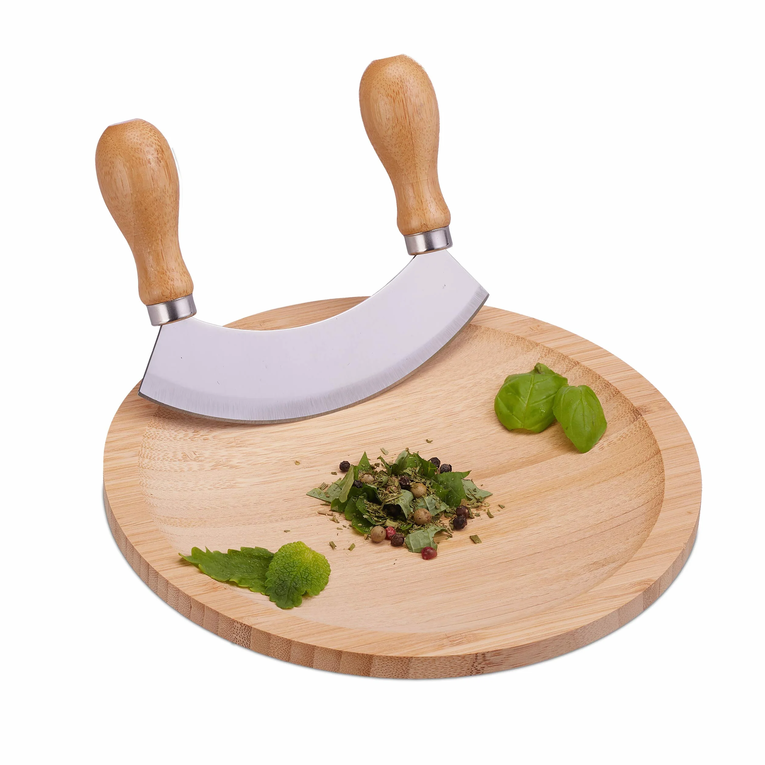 Relaxdays Coltello a Dondolo con Tagliere, per Erbe Aromatiche Bordo Rialzato, Acciaio Inox & Bambù, HxD 2x20, Naturale