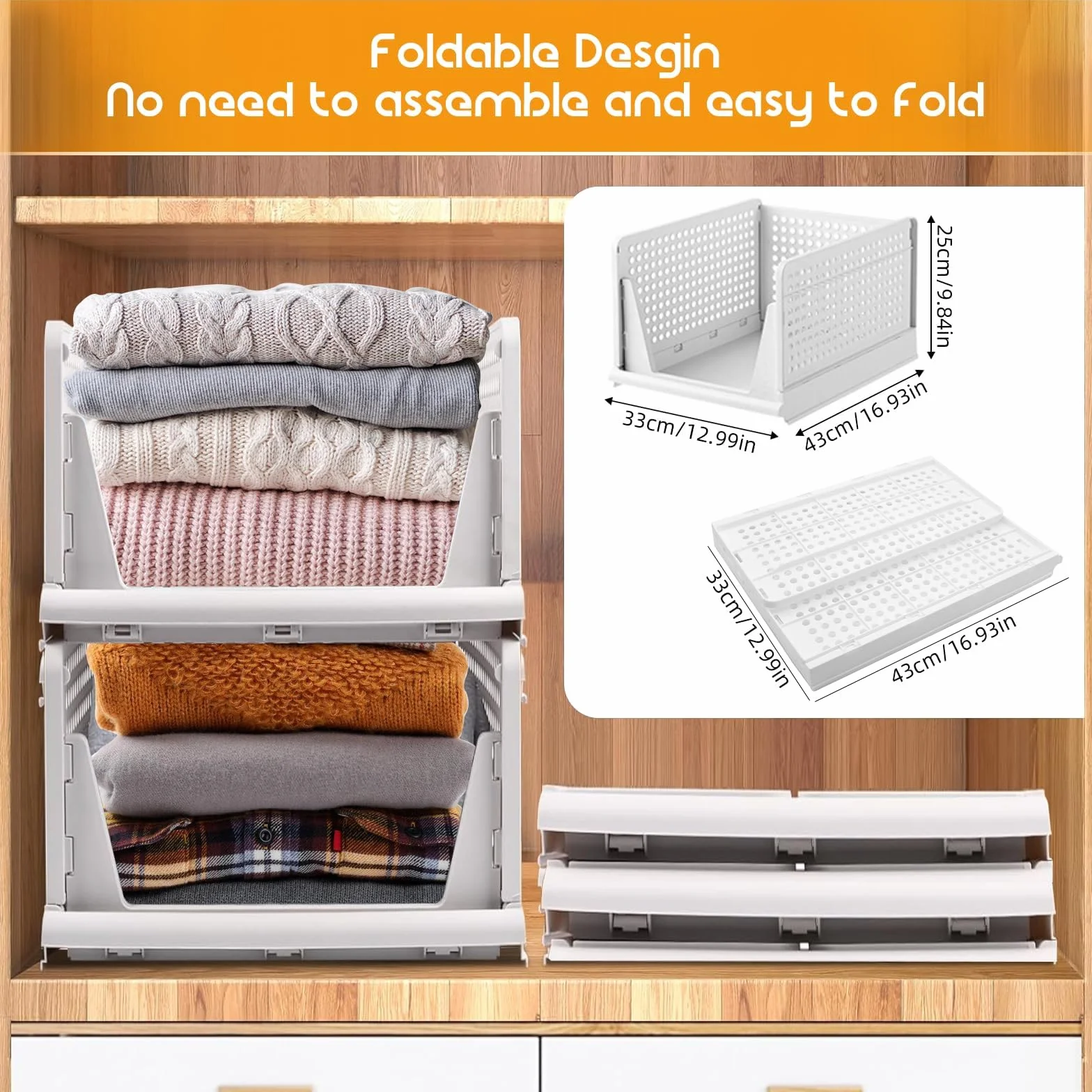 Organizzatore per Guardaroba, 4 PZ Cestini Impilabili Grandi – 43x33,5x25cm, Contenitori in Plastica per Armadio, Casa, Ufficio, Lavanderia, Vestiti, Giocattoli, Cucina