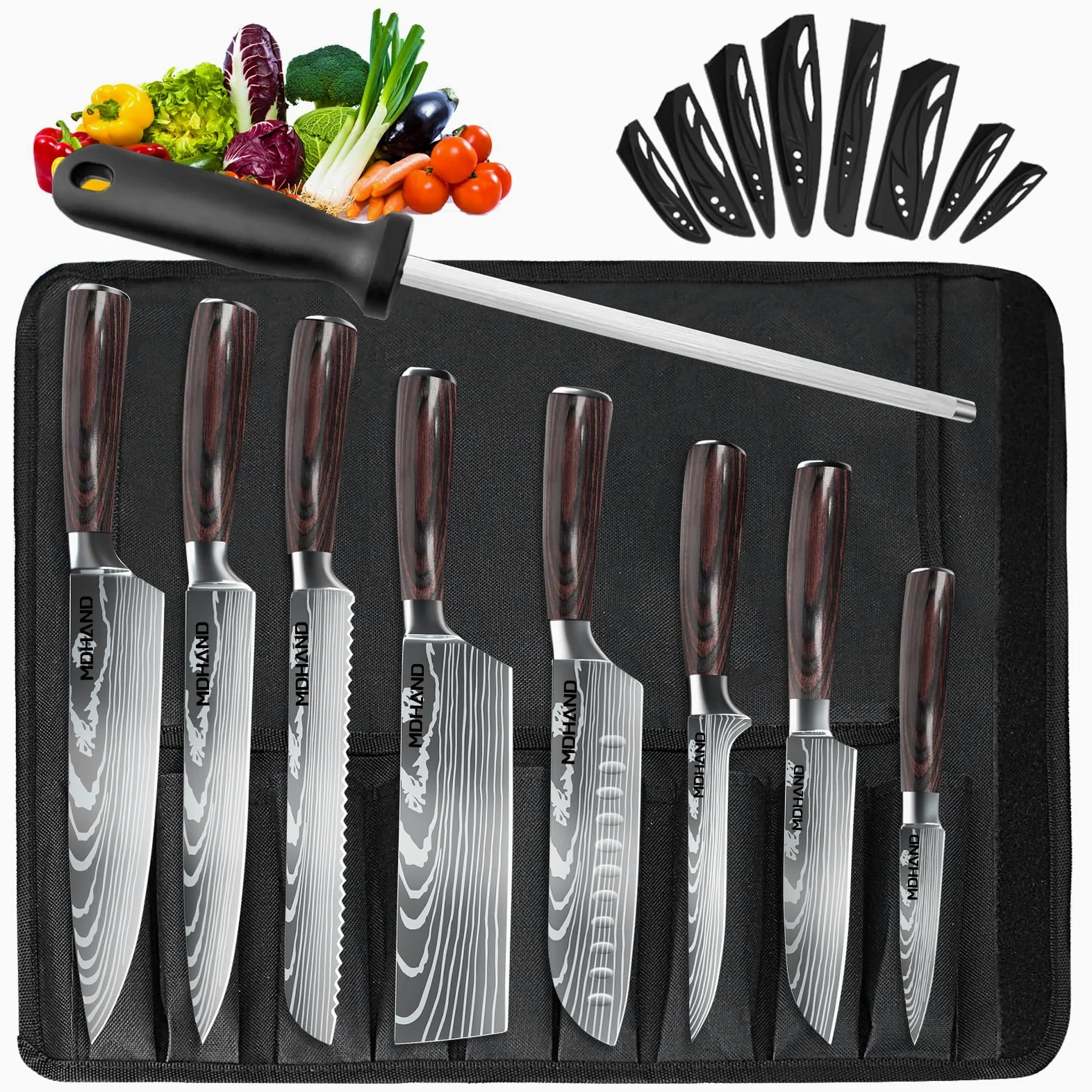 MDHAND Set di 8 coltelli professionali con custodia, affilati e ergonomici in legno di Pakka per casa e ristorante